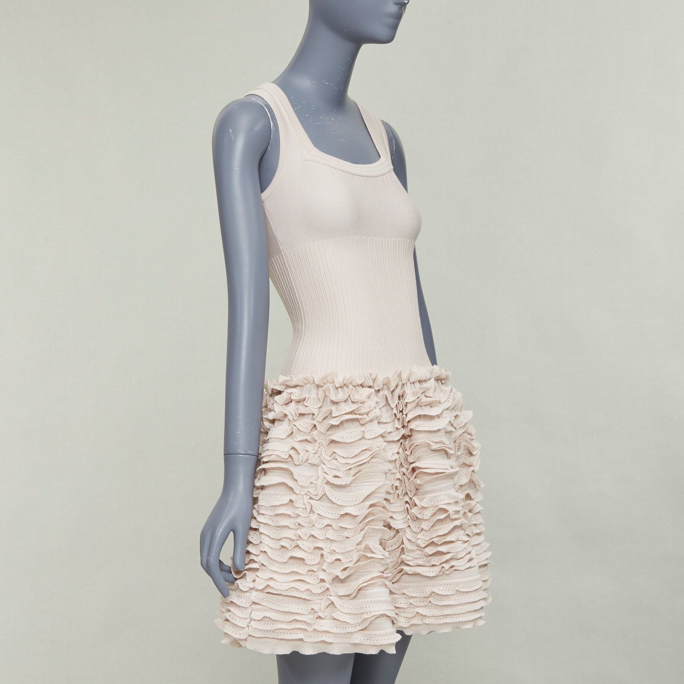 Alaia ALAIA pink beige wool blend square neck stretch tiered ruffle skirt cocktail dress FR36 S Size S / US 4 / IT 40 - 3 Thumbnail