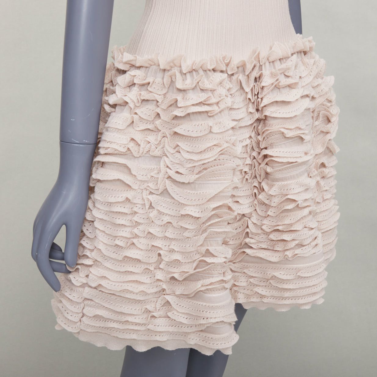 Alaia ALAIA pink beige wool blend square neck stretch tiered ruffle skirt cocktail dress FR36 S Size S / US 4 / IT 40 - 2 Thumbnail