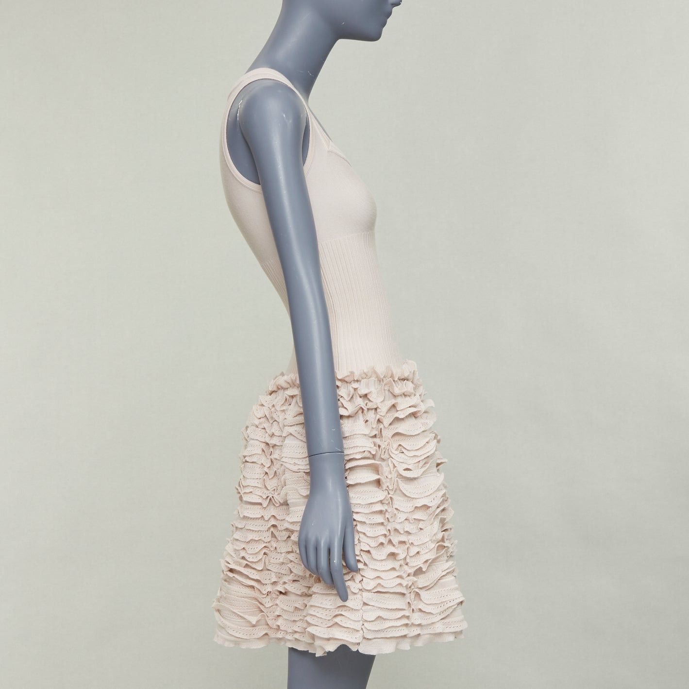 Alaia ALAIA pink beige wool blend square neck stretch tiered ruffle skirt cocktail dress FR36 S Size S / US 4 / IT 40 - 4 Thumbnail