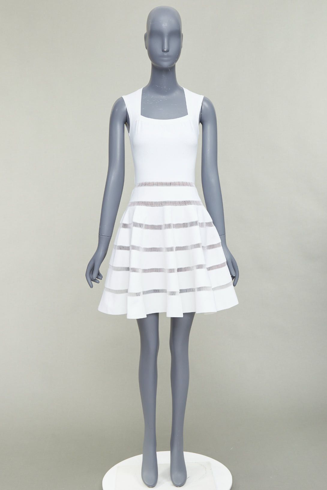Alaia ALAIA ivory viscose blend square neck sheer lattice knit fit flare dress FR36 S Size S / US 4 / IT 40 - 9 Thumbnail