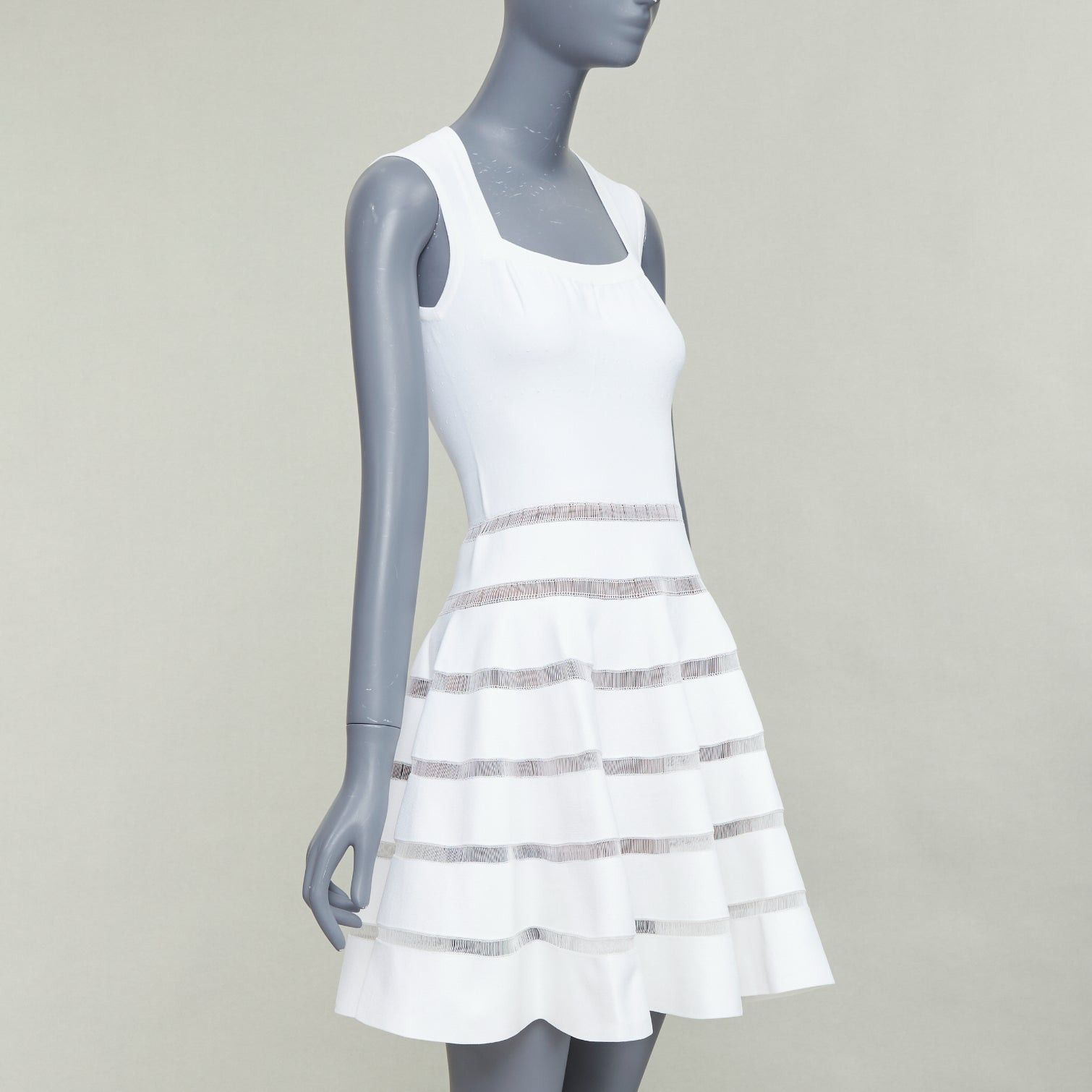 Alaia ALAIA ivory viscose blend square neck sheer lattice knit fit flare dress FR36 S Size S / US 4 / IT 40 - 3 Thumbnail