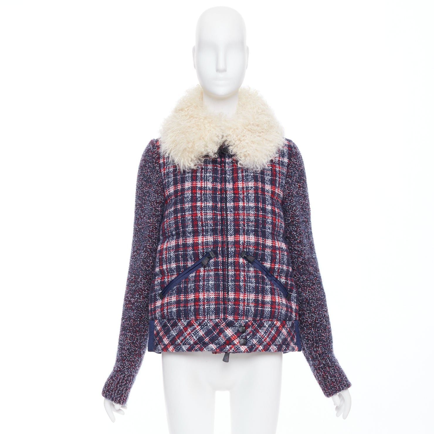 Moncler MONCLER GRENOBLE Runway Soleil red blue tweed lamb fur collar goose down puffer jacket Sz.0 XS Size S / US 4 / IT 40 - 10 Thumbnail