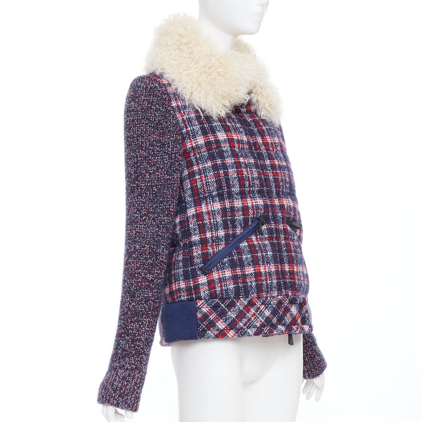 Moncler MONCLER GRENOBLE Runway Soleil red blue tweed lamb fur collar goose down puffer jacket Sz.0 XS Size S / US 4 / IT 40 - 4 Thumbnail