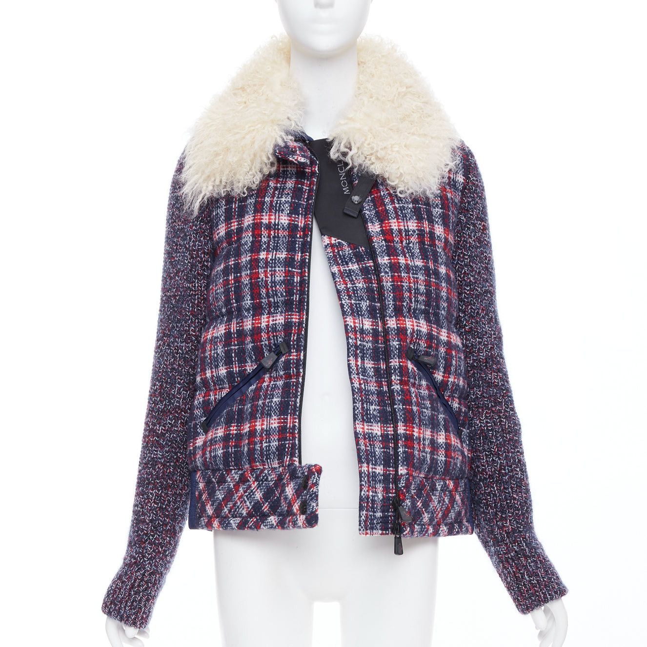 Moncler MONCLER GRENOBLE Runway Soleil red blue tweed lamb fur collar goose down puffer jacket Sz.0 XS Size S / US 4 / IT 40 - 3 Thumbnail