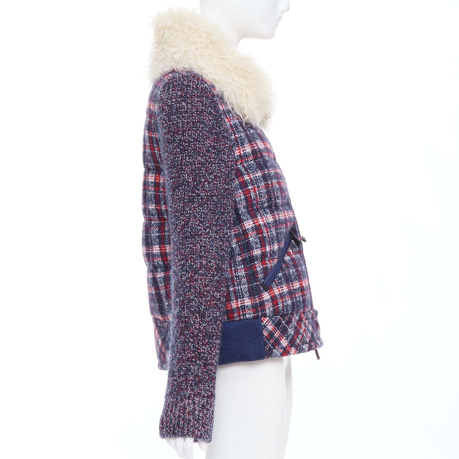 Moncler MONCLER GRENOBLE Runway Soleil red blue tweed lamb fur collar goose down puffer jacket Sz.0 XS Size S / US 4 / IT 40 - 5 Thumbnail