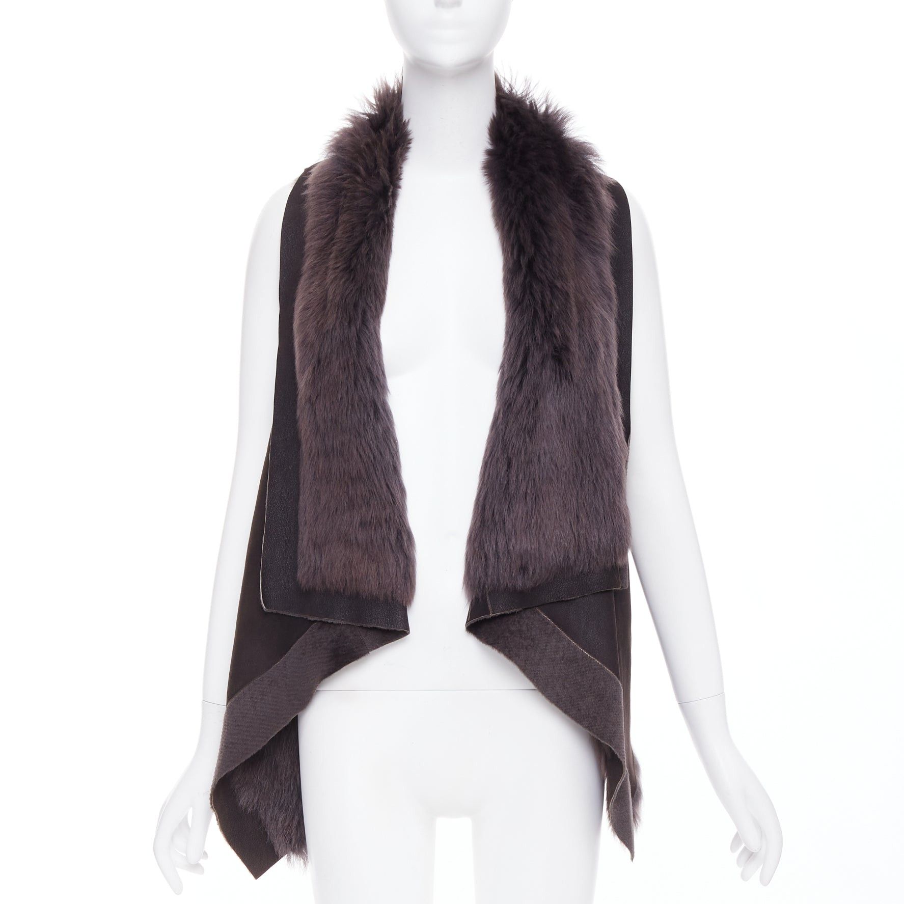 Karl Donoghue KARL DONOGHUE dark brown lambskin leather fur lined draped vest jacket XS Size S / US 4 / IT 40 - 3 Thumbnail