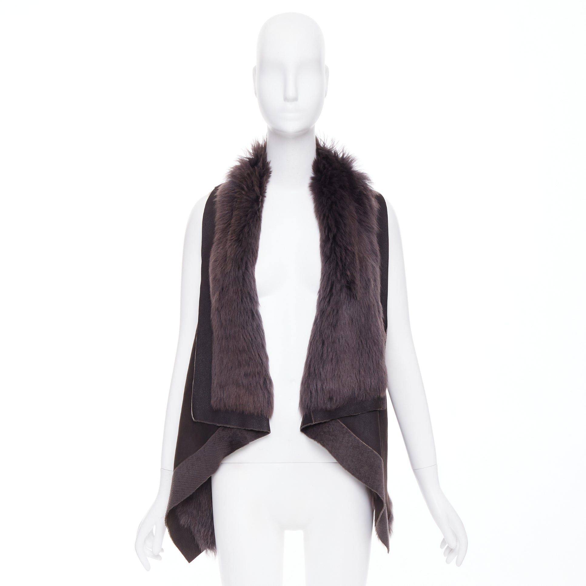 Karl Donoghue KARL DONOGHUE dark brown lambskin leather fur lined draped vest jacket XS Size S / US 4 / IT 40 - 9 Thumbnail