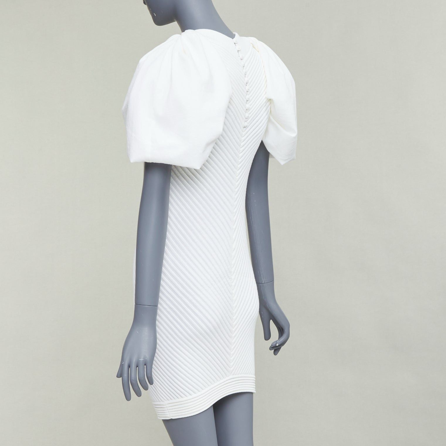 Chanel CHANEL 09P white cotton blend chevron puff sleeve CC buttons knit dress FR34 XS Size XS / US 0-2 / IT 36-38 - 6 Thumbnail