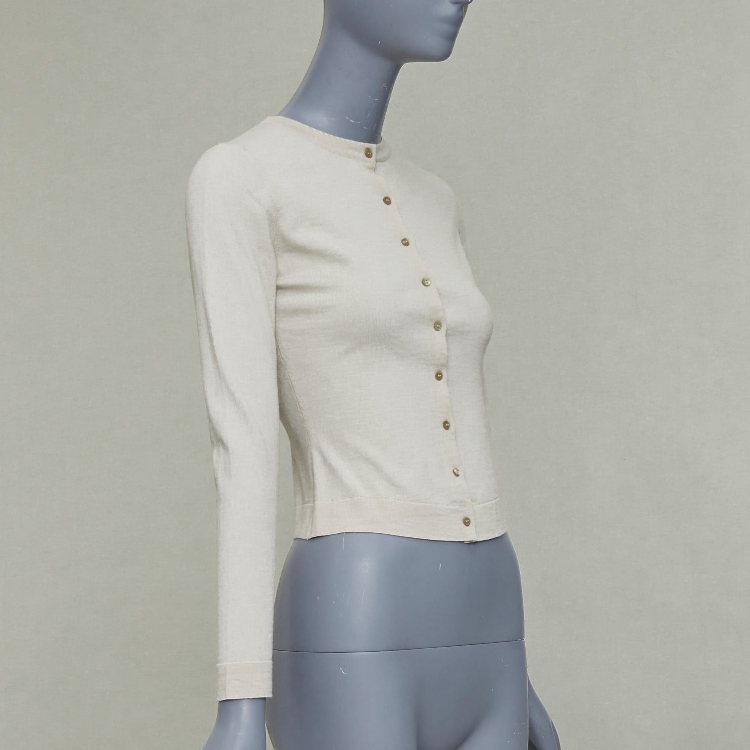 Alaia ALAIA beige virgin wool blend mini buttons classic cropped cardigan FR36 S Size S / US 4 / IT 40 - 4 Thumbnail