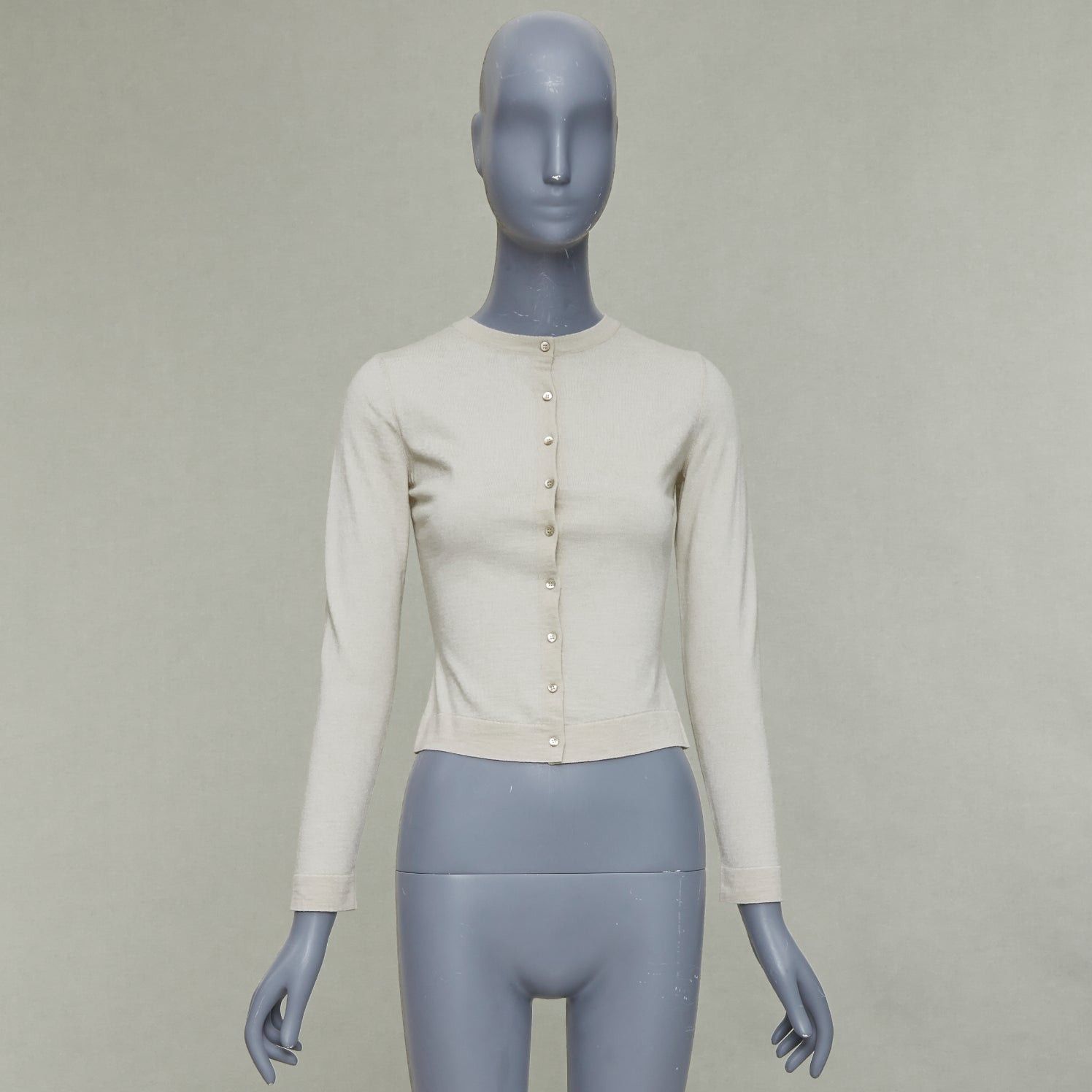 Alaia ALAIA beige virgin wool blend mini buttons classic cropped cardigan FR36 S Size S / US 4 / IT 40 - 10 Thumbnail