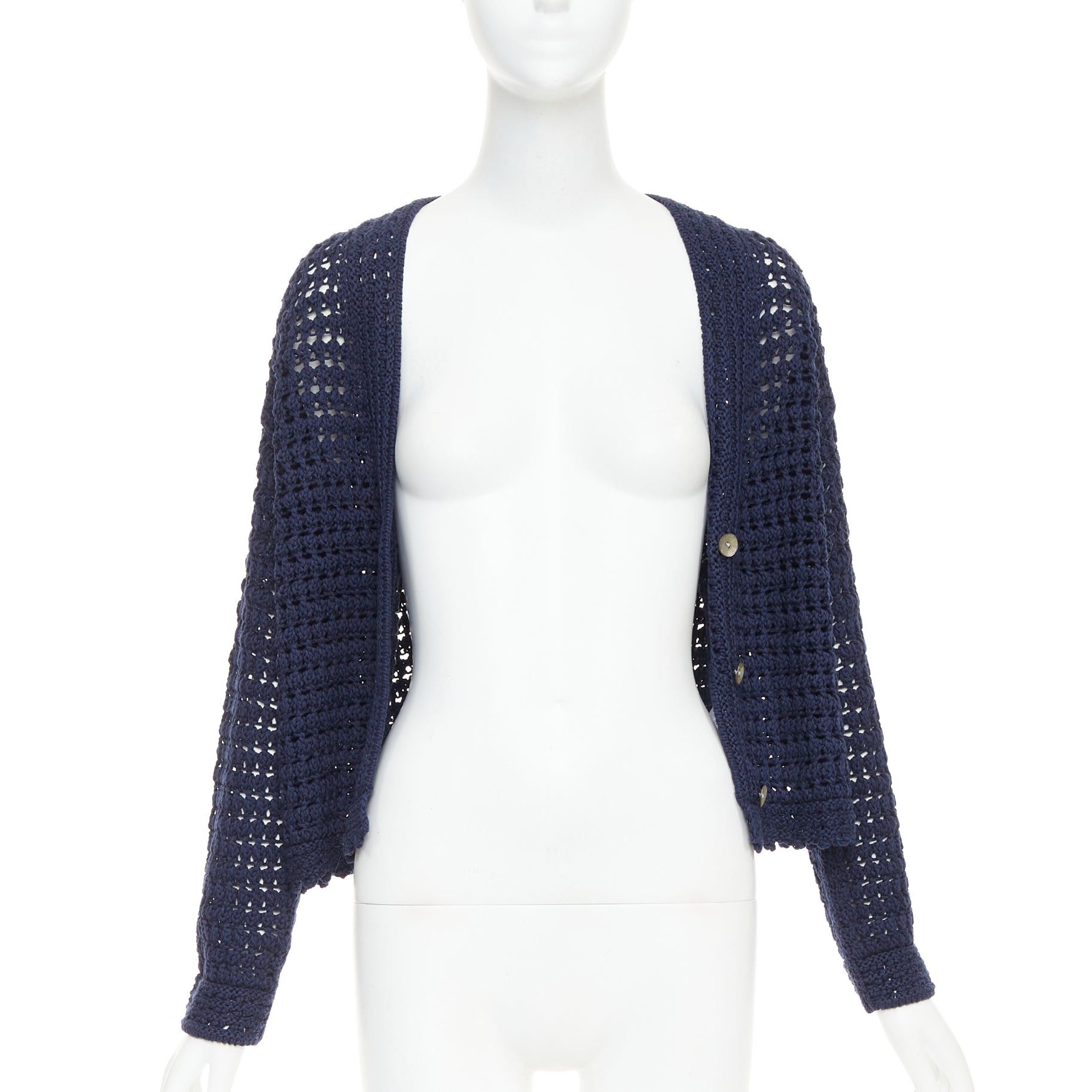Vince VINCE navy organic cotton crochet open knit scalloped cropped cardigan S Size S / US 4 / IT 40 - 3 Thumbnail