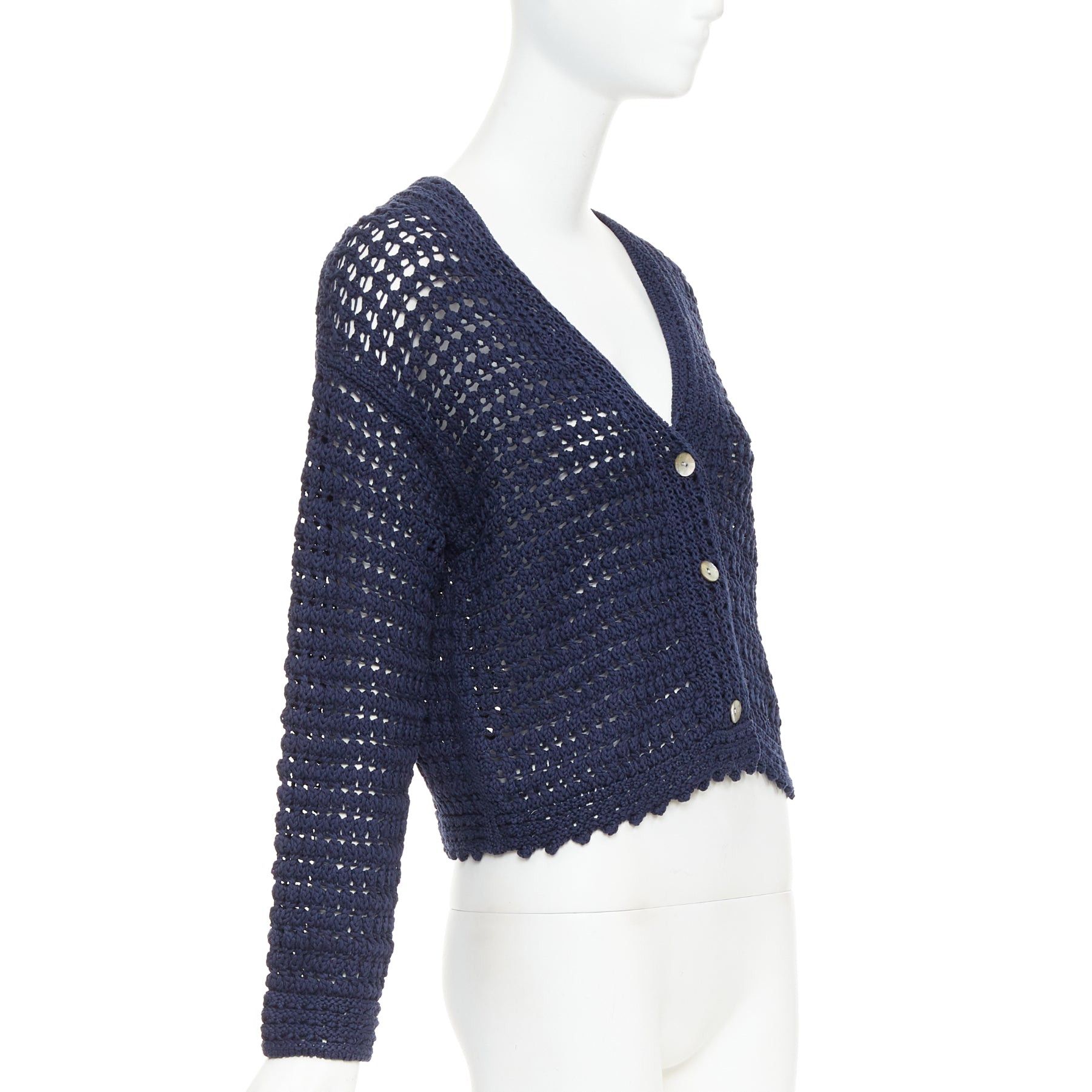 Vince VINCE navy organic cotton crochet open knit scalloped cropped cardigan S Size S / US 4 / IT 40 - 4 Thumbnail