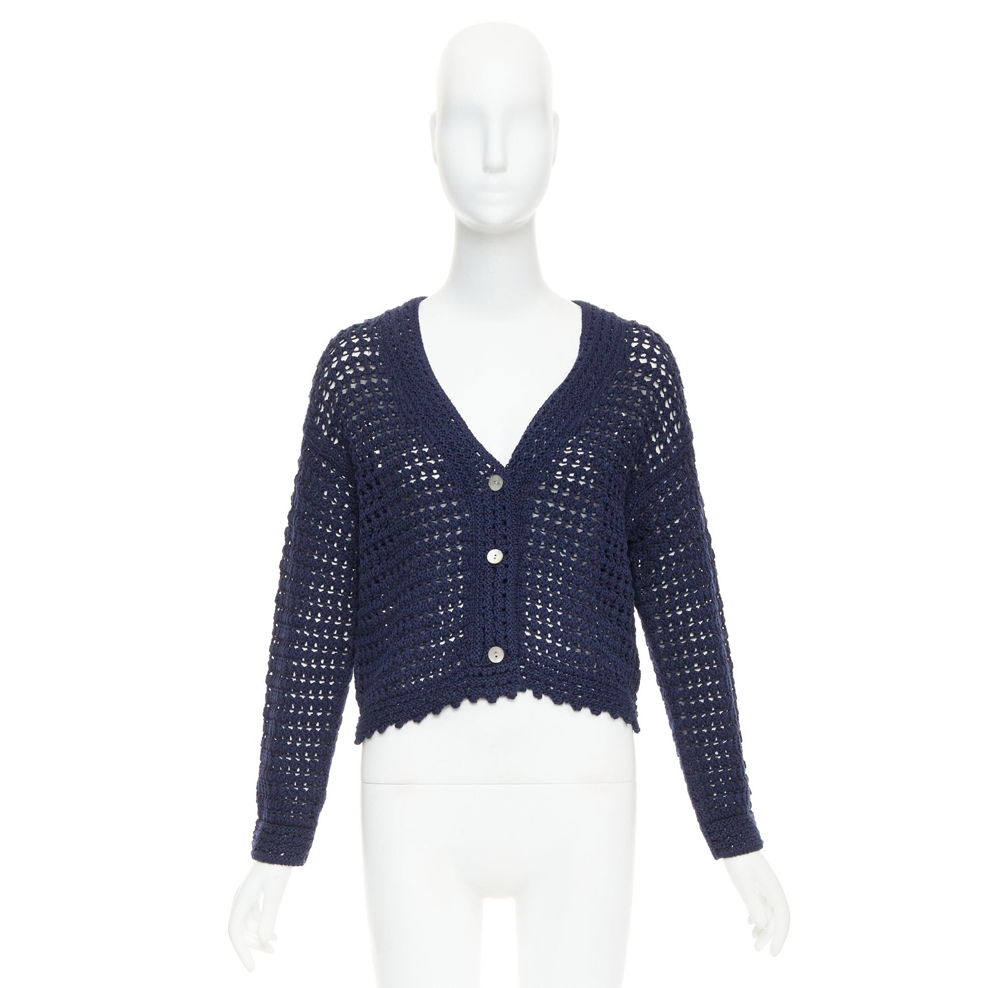 Vince VINCE navy organic cotton crochet open knit scalloped cropped cardigan S Size S / US 4 / IT 40 - 10 Thumbnail