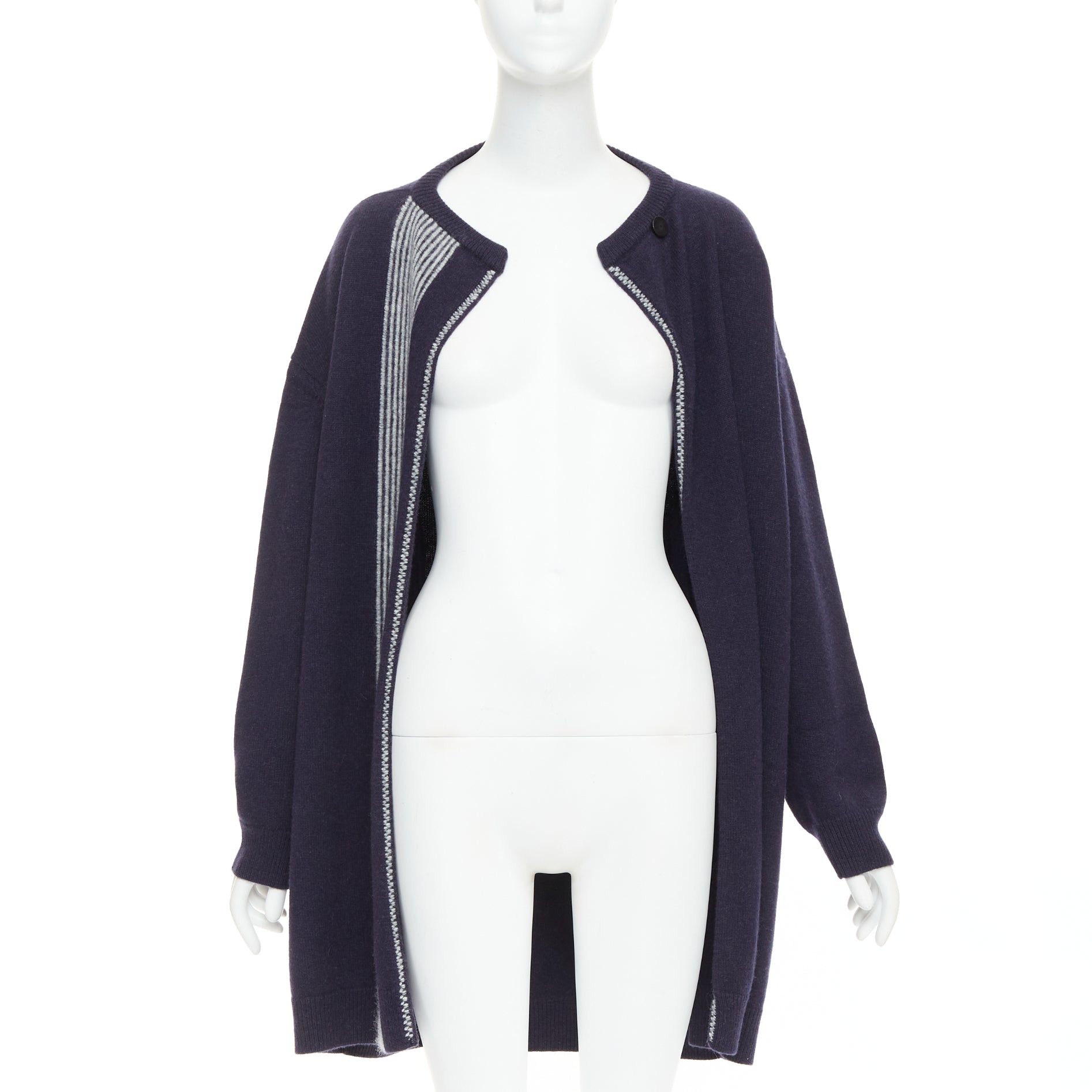 Hermes HERMES navy virgin wool white striped oversized knitted cardigan sweater FR34 XS Size XS / US 0-2 / IT 36-38 - 3 Thumbnail