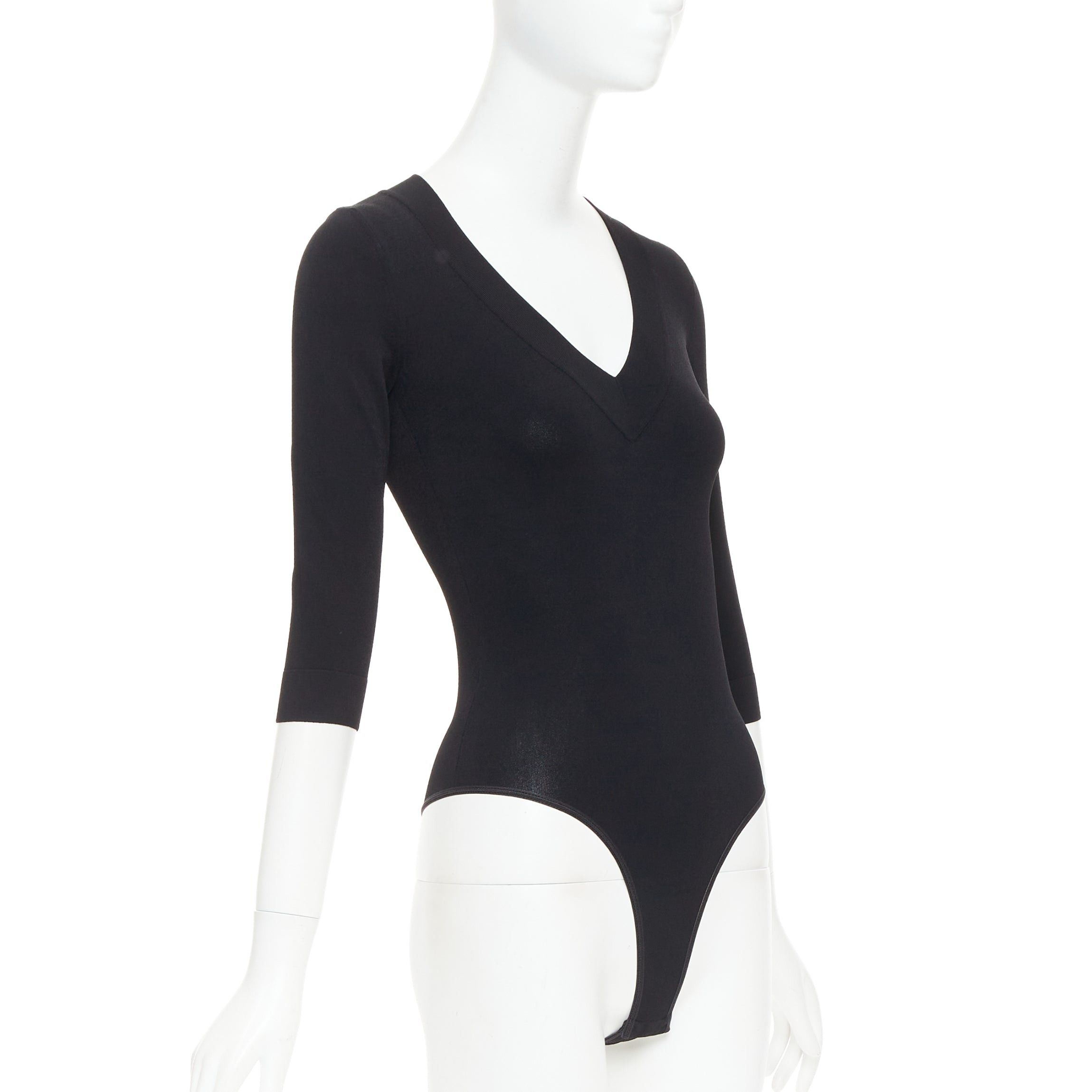 Alaia ALAIA black viscose blend V-neck bodysuit t-shirt leotard top FR36 S Size S / US 4 / IT 40 - 3 Thumbnail