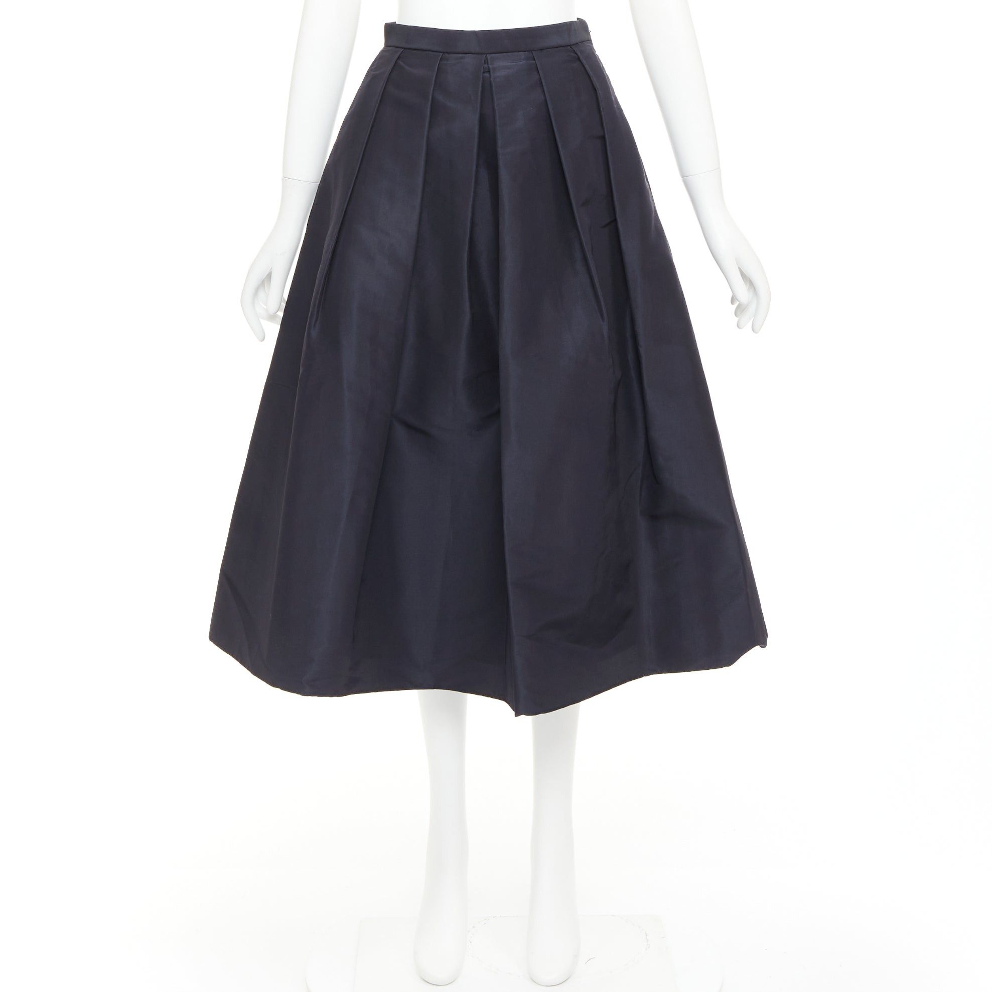 Tibi TIBI navy 100% silk satin crepe box pleated flared tea length midi skirt US0 XS Size 26" / US 2 / IT 38 - 9 Thumbnail