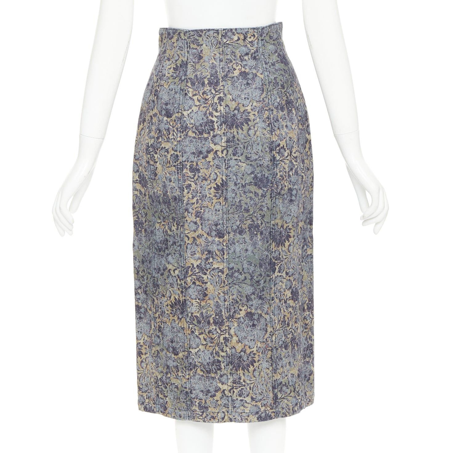 Dior DIOR Brocart blue beige floral brocade denim knee skirt FR36 S Size 27" / US 4 / IT 40 - 5 Thumbnail