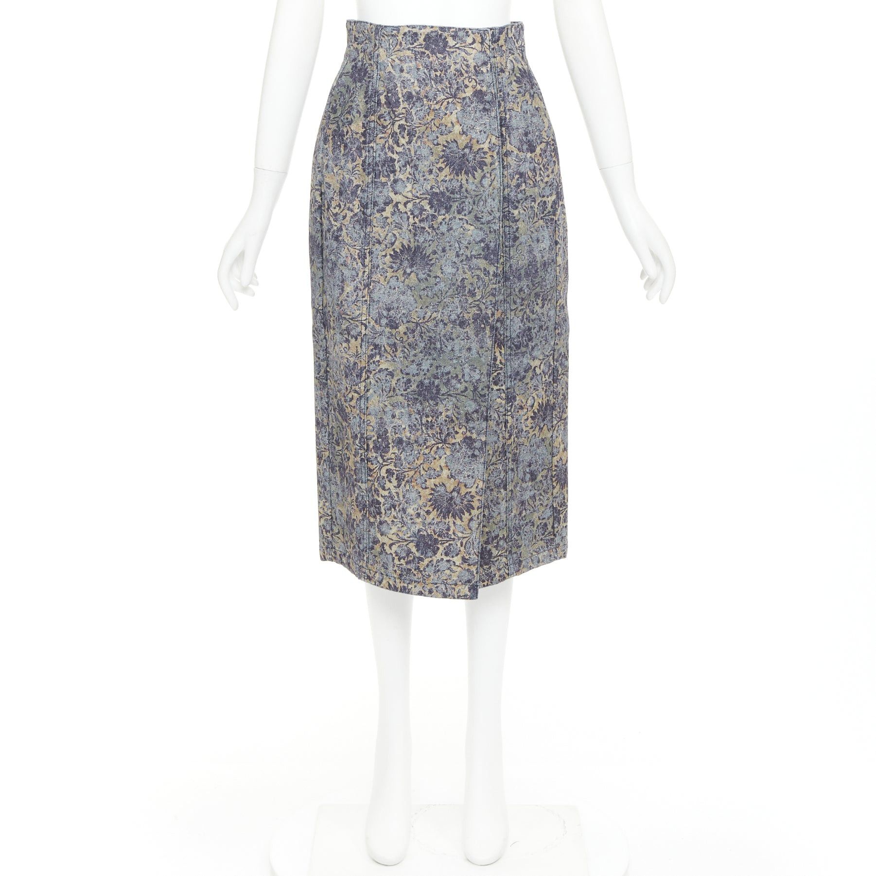 Dior DIOR Brocart blue beige floral brocade denim knee skirt FR36 S Size 27" / US 4 / IT 40 - 9 Thumbnail