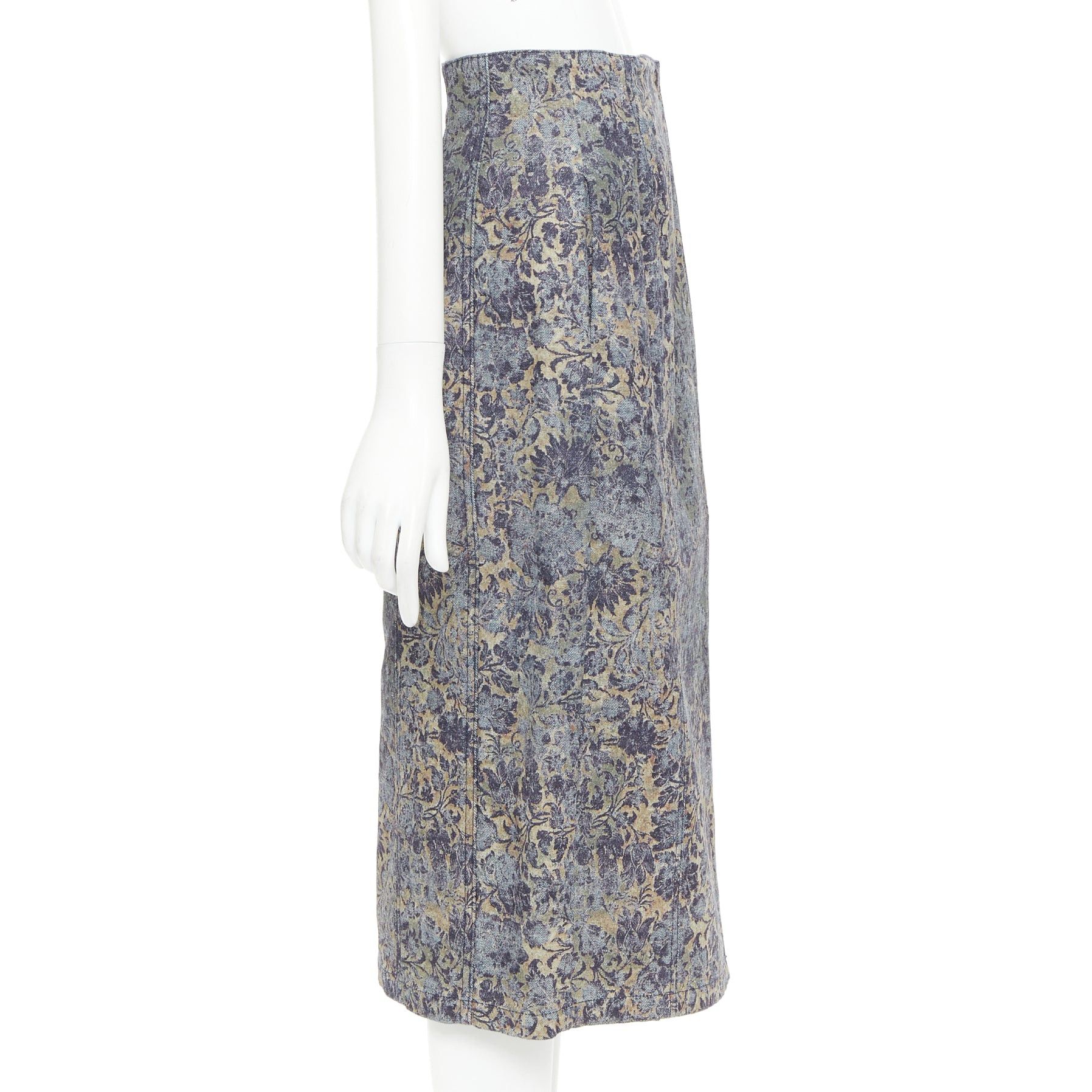 Dior DIOR Brocart blue beige floral brocade denim knee skirt FR36 S Size 27" / US 4 / IT 40 - 4 Thumbnail