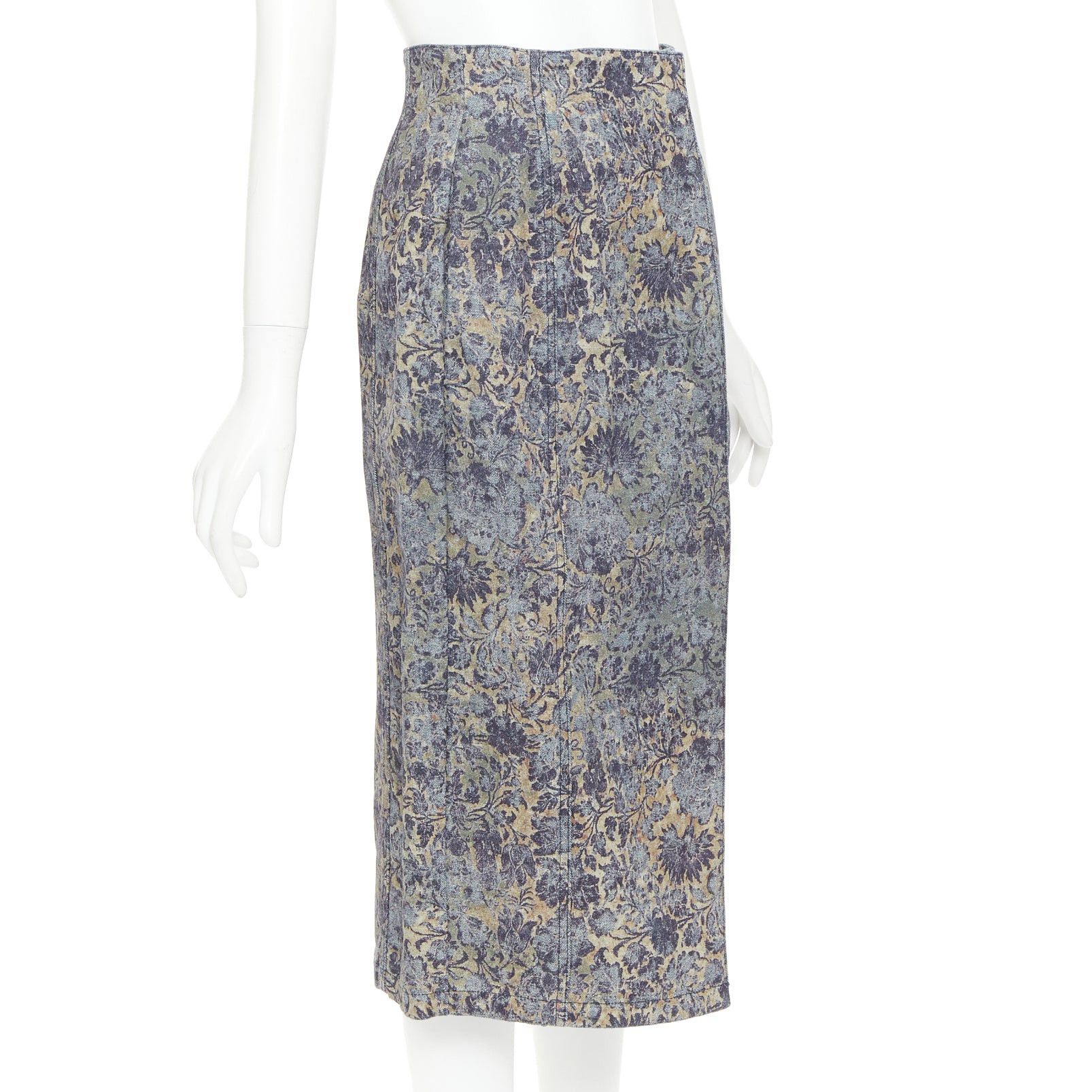 Dior DIOR Brocart blue beige floral brocade denim knee skirt FR36 S Size 27" / US 4 / IT 40 - 3 Thumbnail