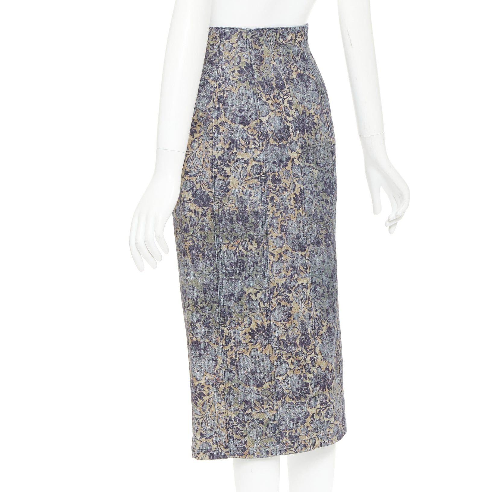 Dior DIOR Brocart blue beige floral brocade denim knee skirt FR36 S Size 27" / US 4 / IT 40 - 6 Thumbnail
