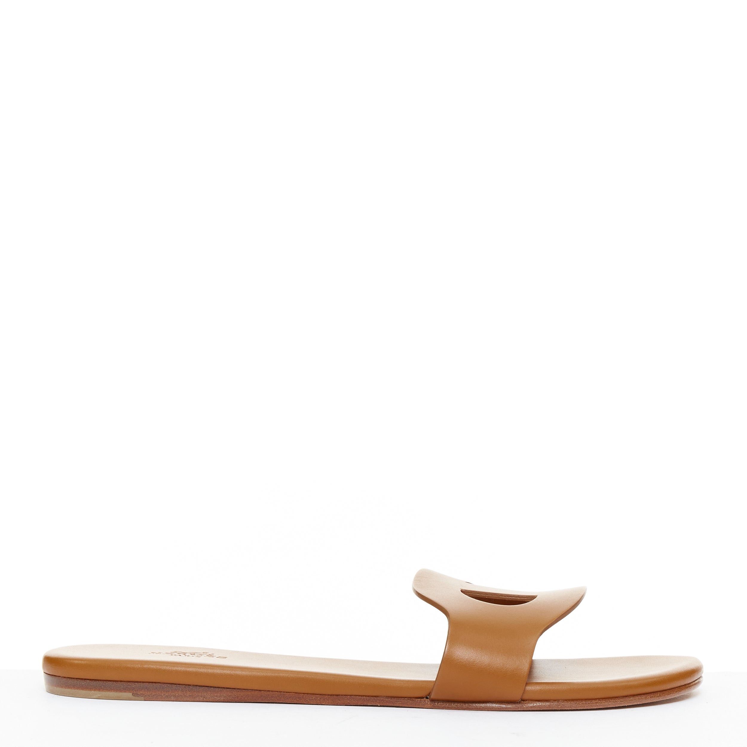 Hermes HERMES Lisboa Chaine d‚ÄôAncre brown leather cut out flat sandal slippers EU37.5 Size US 7.5 / IT 37.5 - 2 Thumbnail