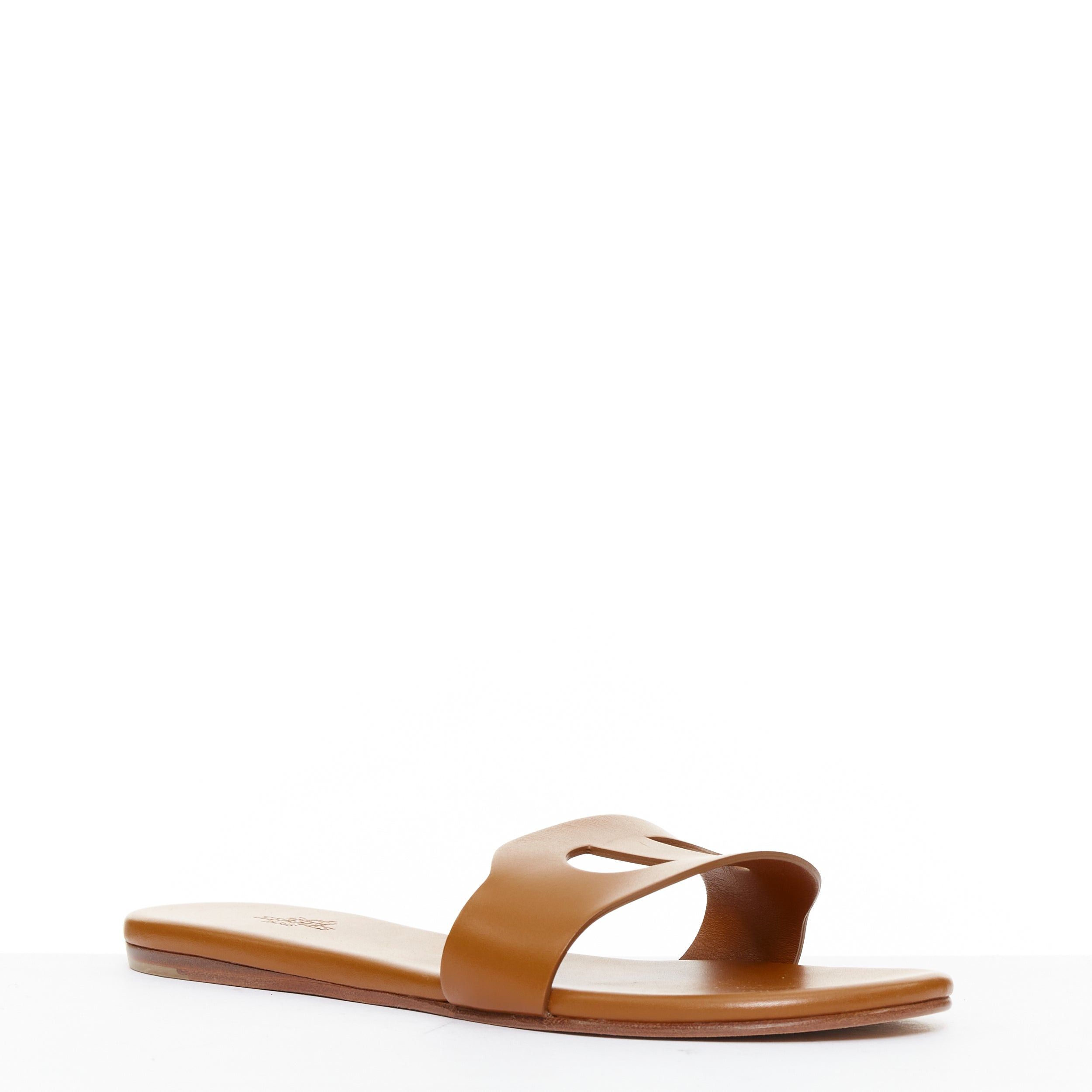 Hermes HERMES Lisboa Chaine d‚ÄôAncre brown leather cut out flat sandal slippers EU37.5 Size US 7.5 / IT 37.5 - 3 Thumbnail