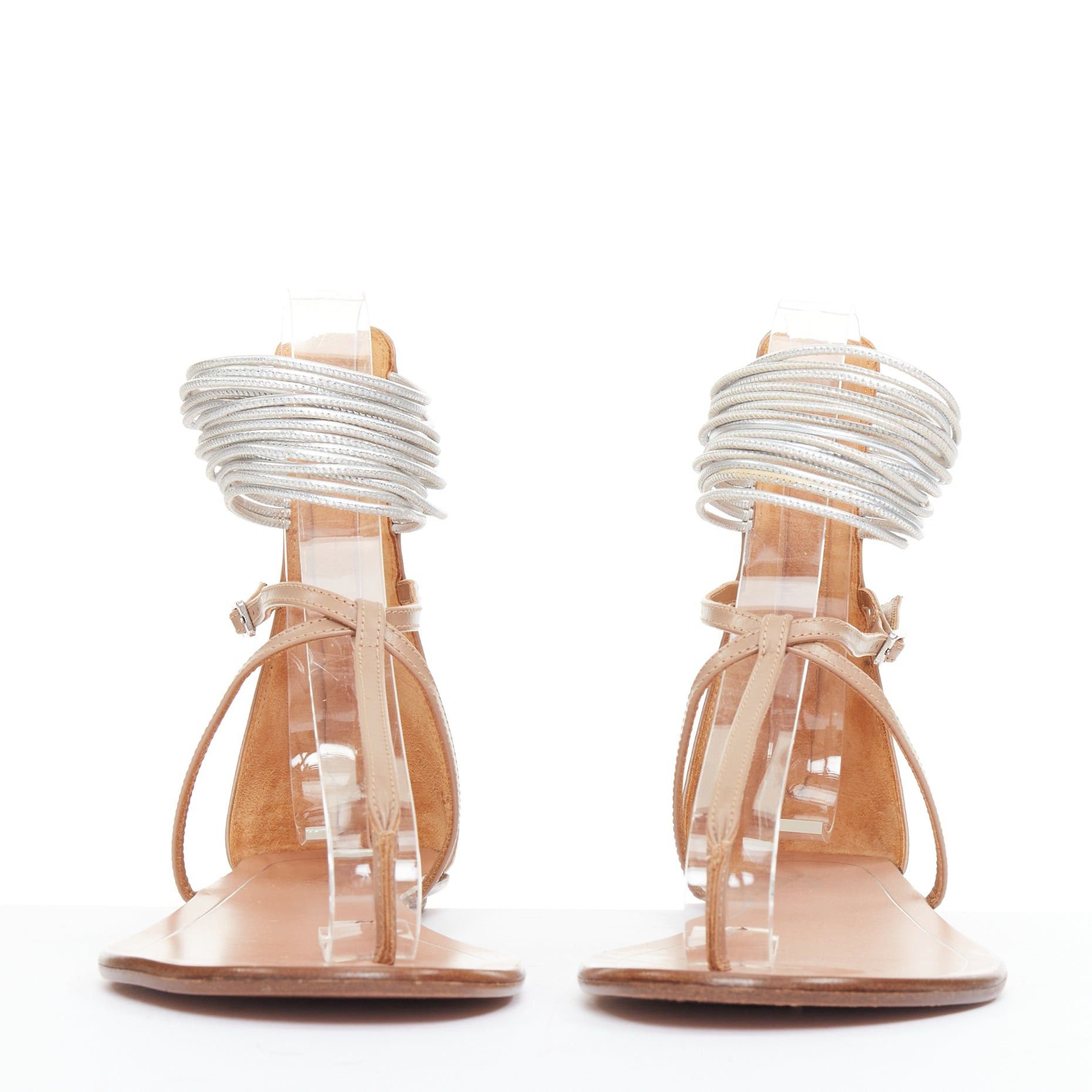 Aquazzura AQUAZZURA Spin Me Around silver coil nude leather gladiator flat sandals EU37.5 Size US 7.5 / IT 37.5 - 3 Thumbnail