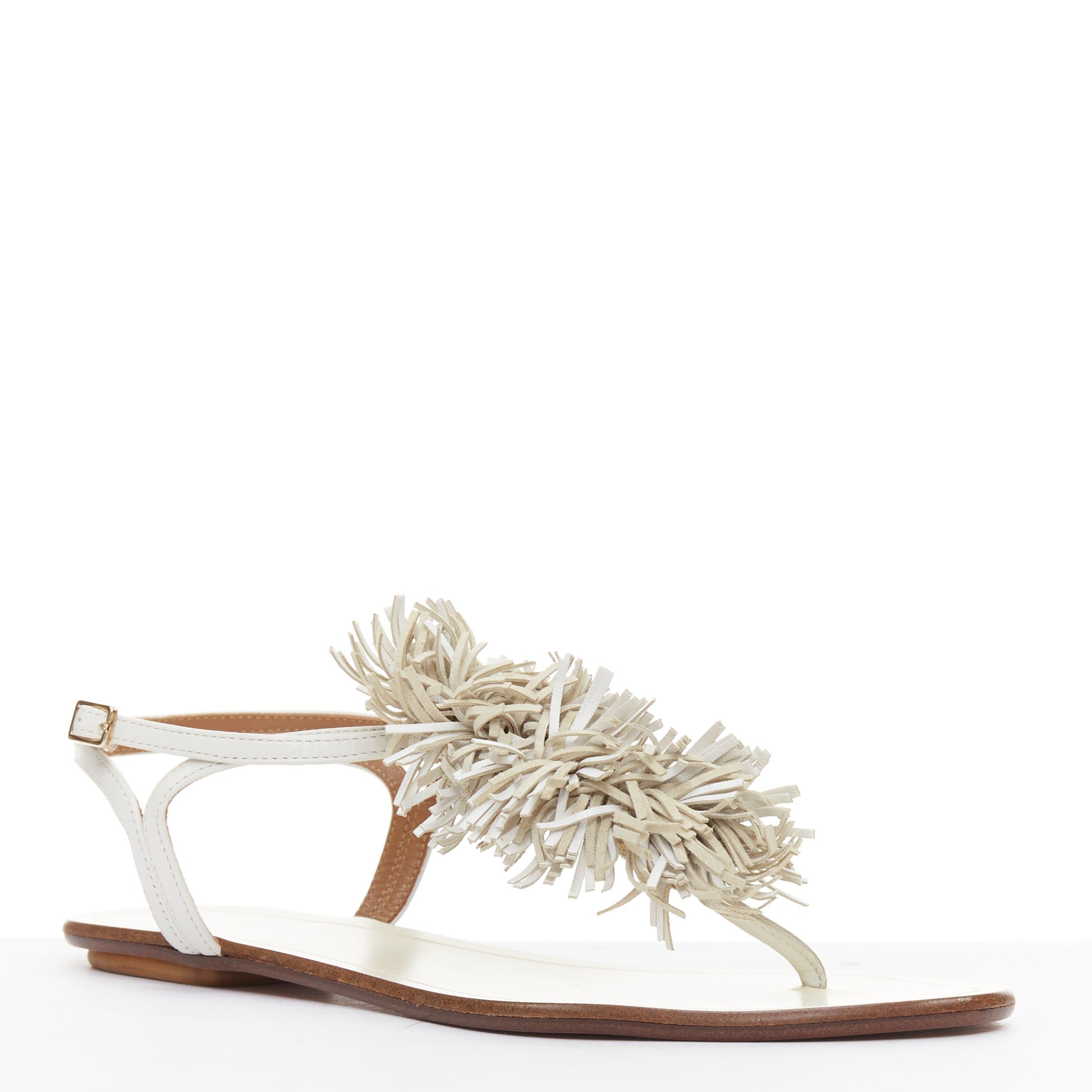 Aquazzura AQUAZZURA off white fringe trim T bar strap flat sandals EU37 Size US 7 / IT 37 - 3 Thumbnail