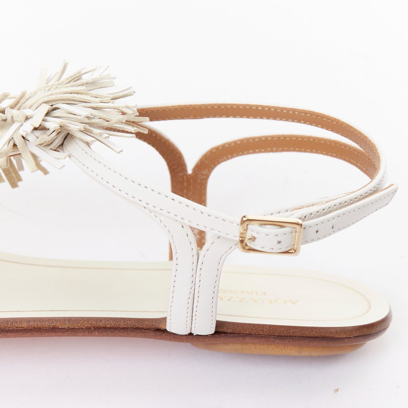 Aquazzura AQUAZZURA off white fringe trim T bar strap flat sandals EU37 Size US 7 / IT 37 - 8 Thumbnail