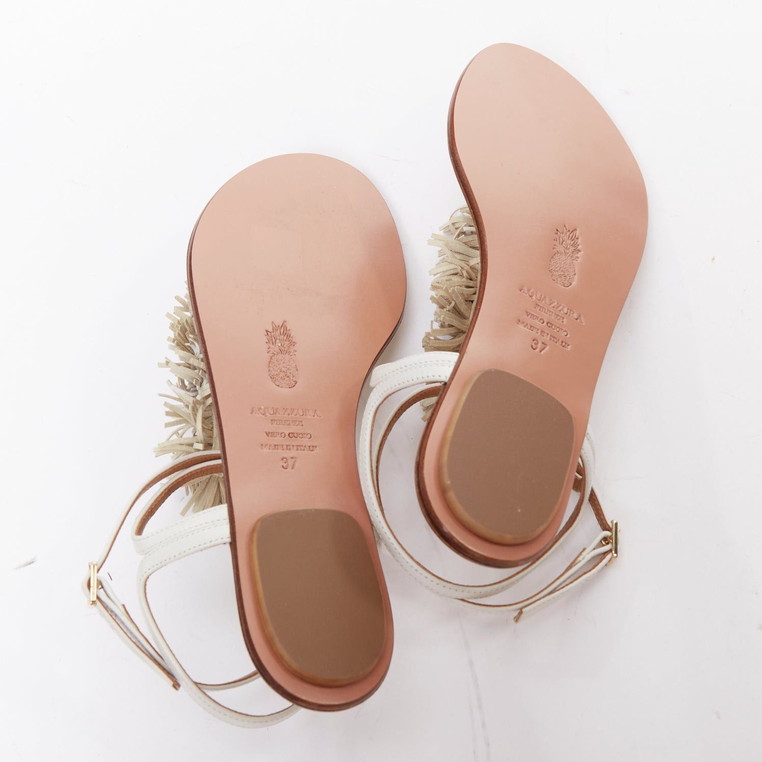 Aquazzura AQUAZZURA off white fringe trim T bar strap flat sandals EU37 Size US 7 / IT 37 - 11 Thumbnail