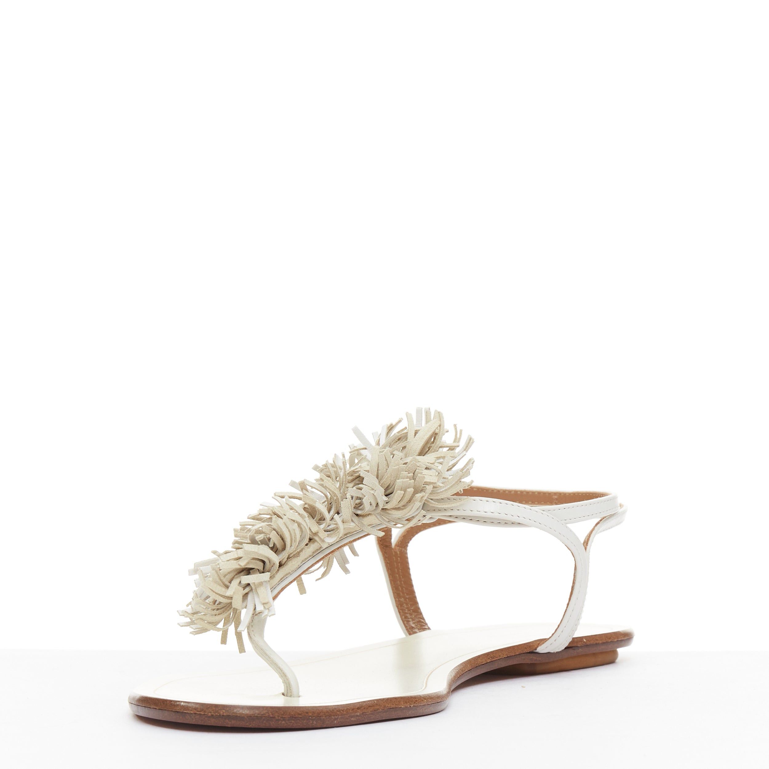 Aquazzura AQUAZZURA off white fringe trim T bar strap flat sandals EU37 Size US 7 / IT 37 - 4 Thumbnail