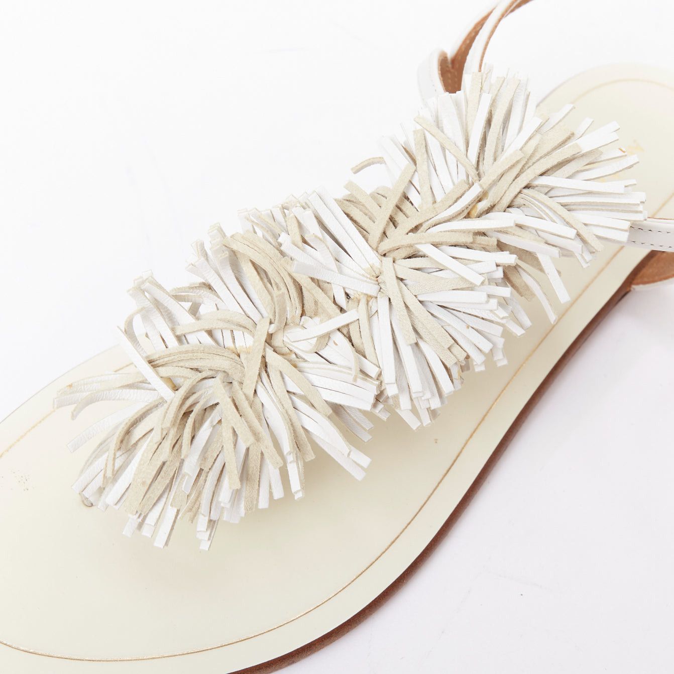 Aquazzura AQUAZZURA off white fringe trim T bar strap flat sandals EU37 Size US 7 / IT 37 - 7 Thumbnail