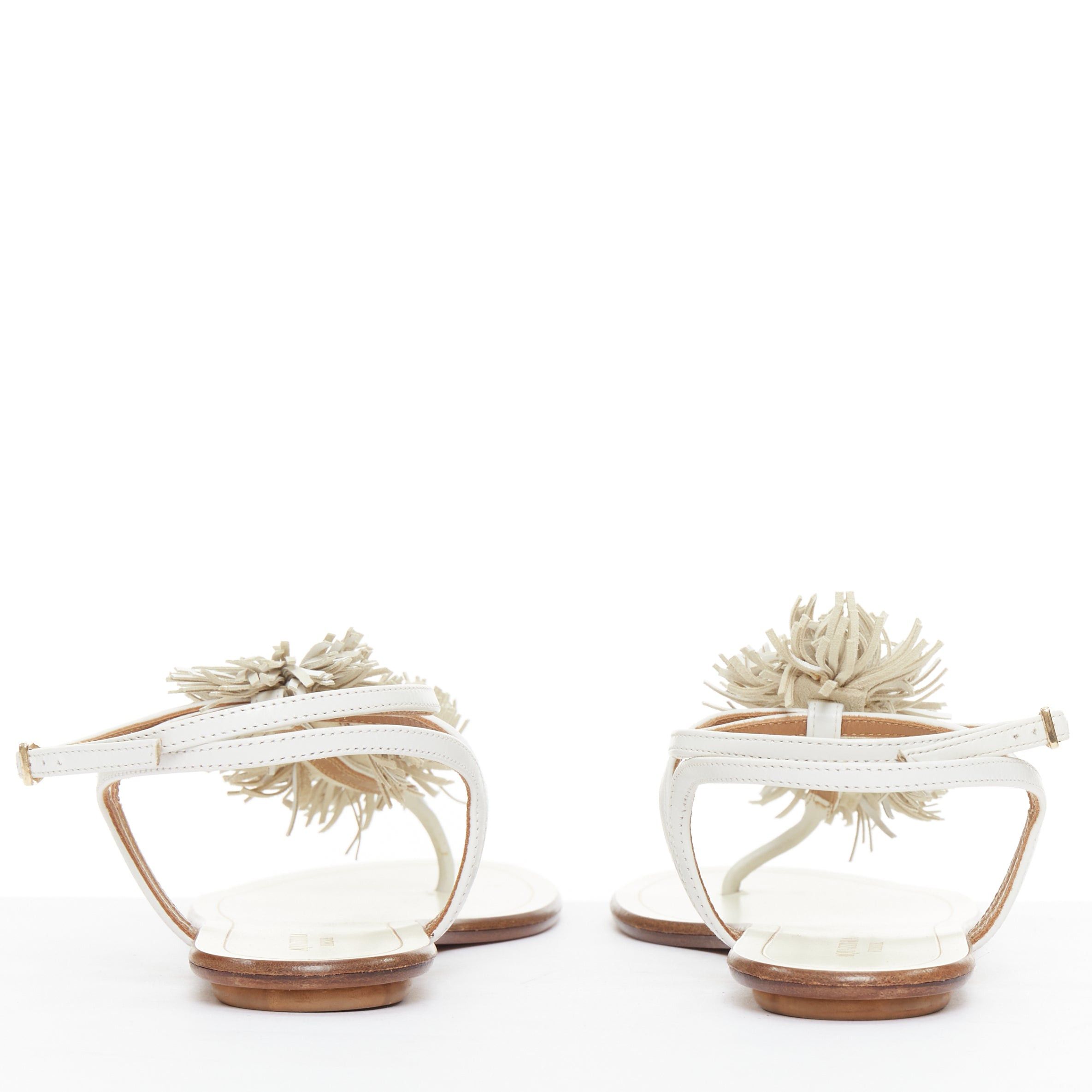 Aquazzura AQUAZZURA off white fringe trim T bar strap flat sandals EU37 Size US 7 / IT 37 - 5 Thumbnail