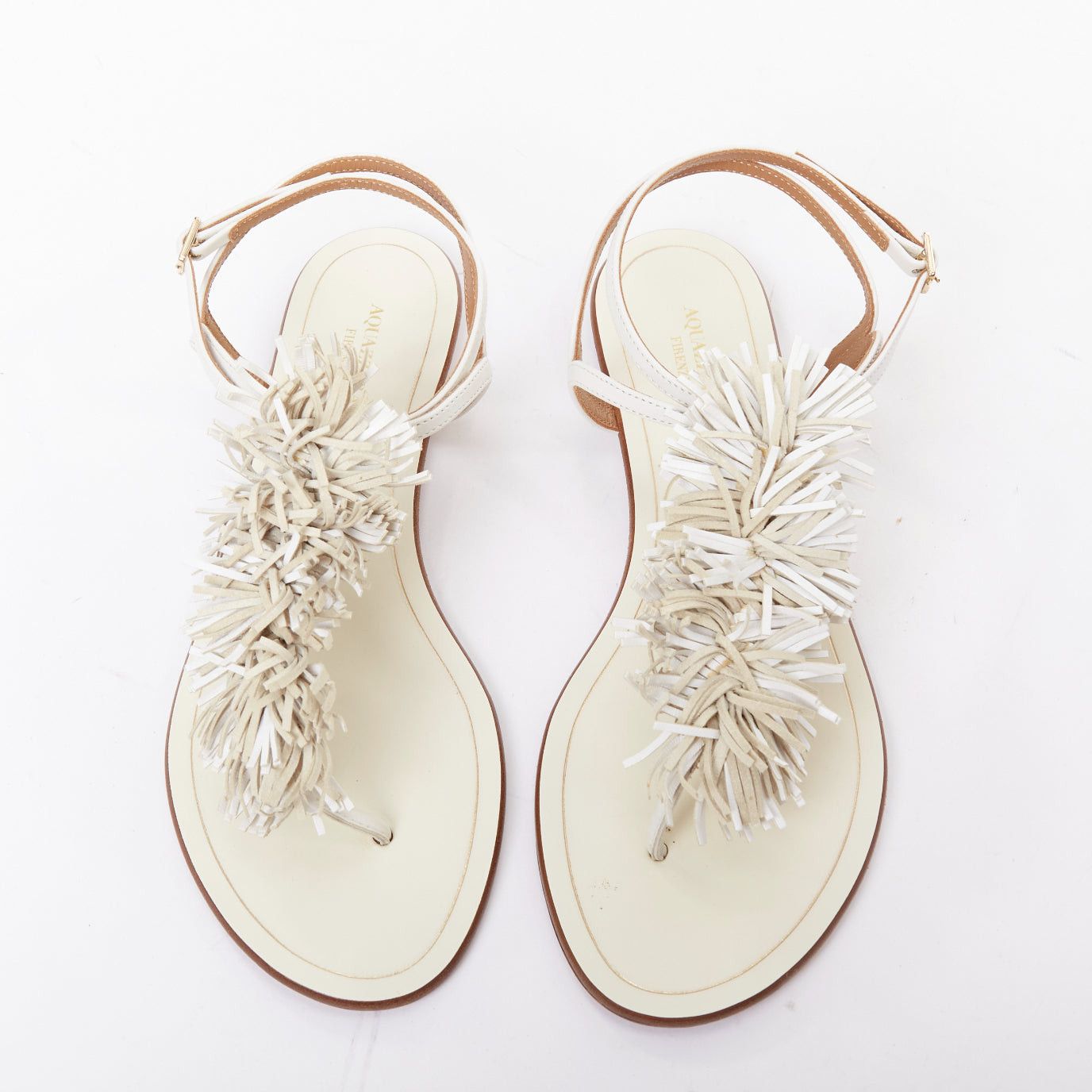 Aquazzura AQUAZZURA off white fringe trim T bar strap flat sandals EU37 Size US 7 / IT 37 - 2 Thumbnail
