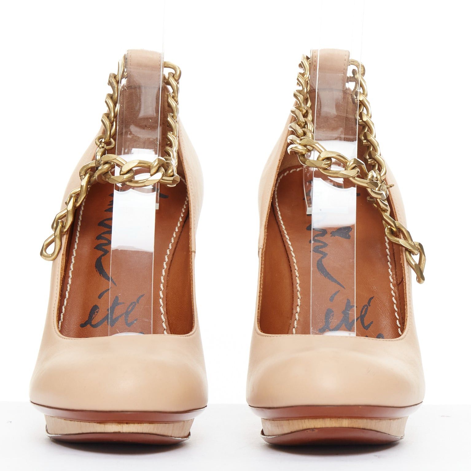 Lanvin LANVIN 2010 Runway nude leather gold chunky chain wooden platform pumps EU36.5 Size US 6.5 / IT 36.5 - 3 Thumbnail