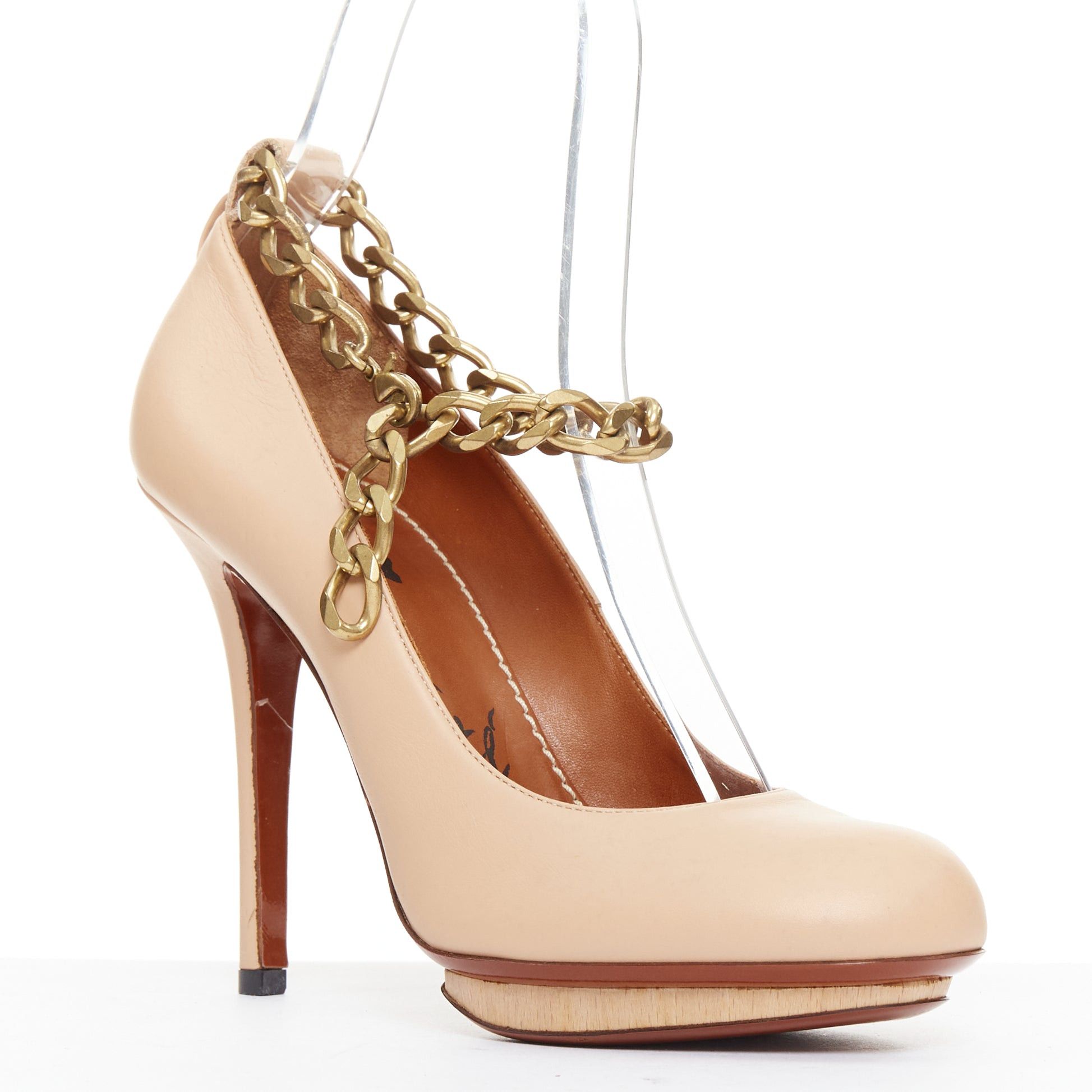 Lanvin LANVIN 2010 Runway nude leather gold chunky chain wooden platform pumps EU36.5 Size US 6.5 / IT 36.5 - 2 Thumbnail