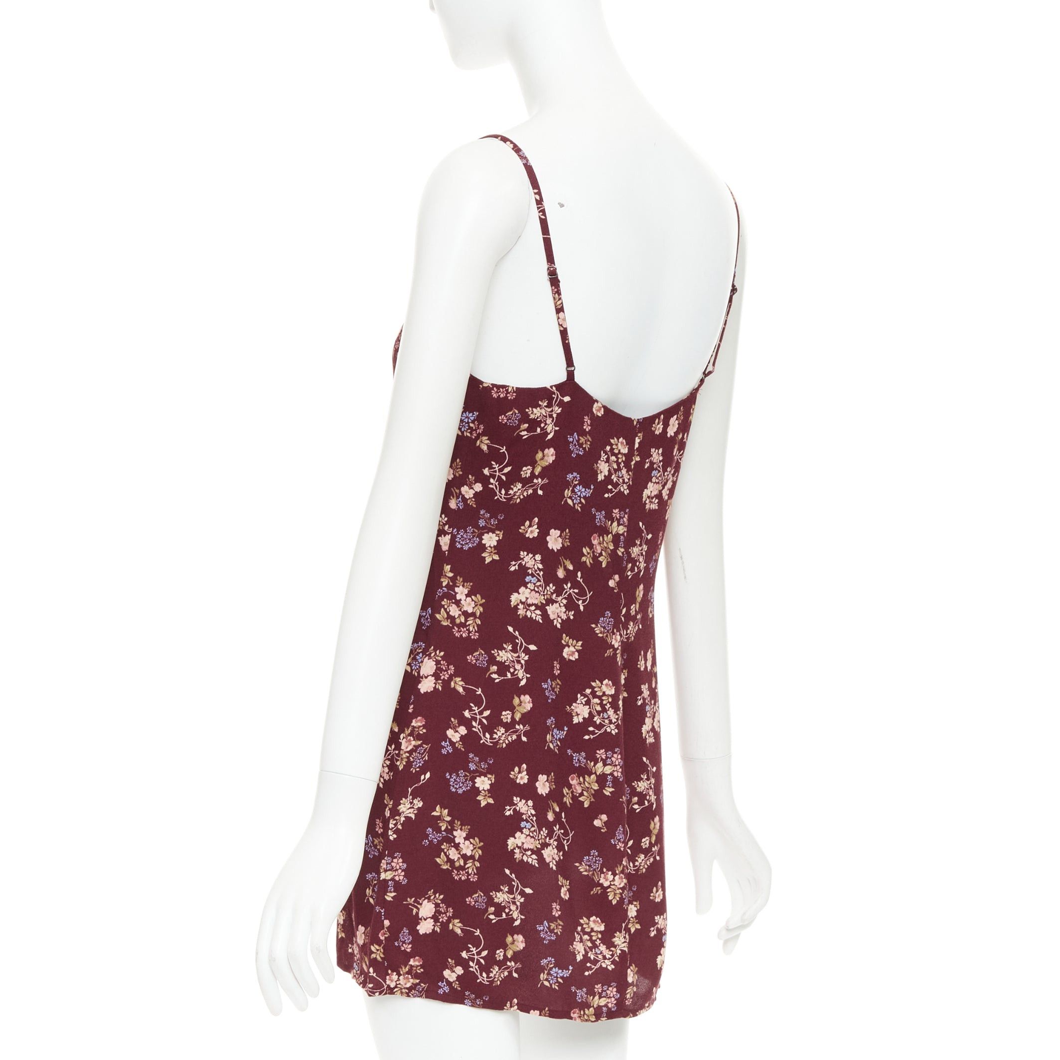 Reformation REFORMATION Marlowe burgundy viscose floral print high slit mini dress US0 XS Size S / US 4 / IT 40 - 6 Thumbnail