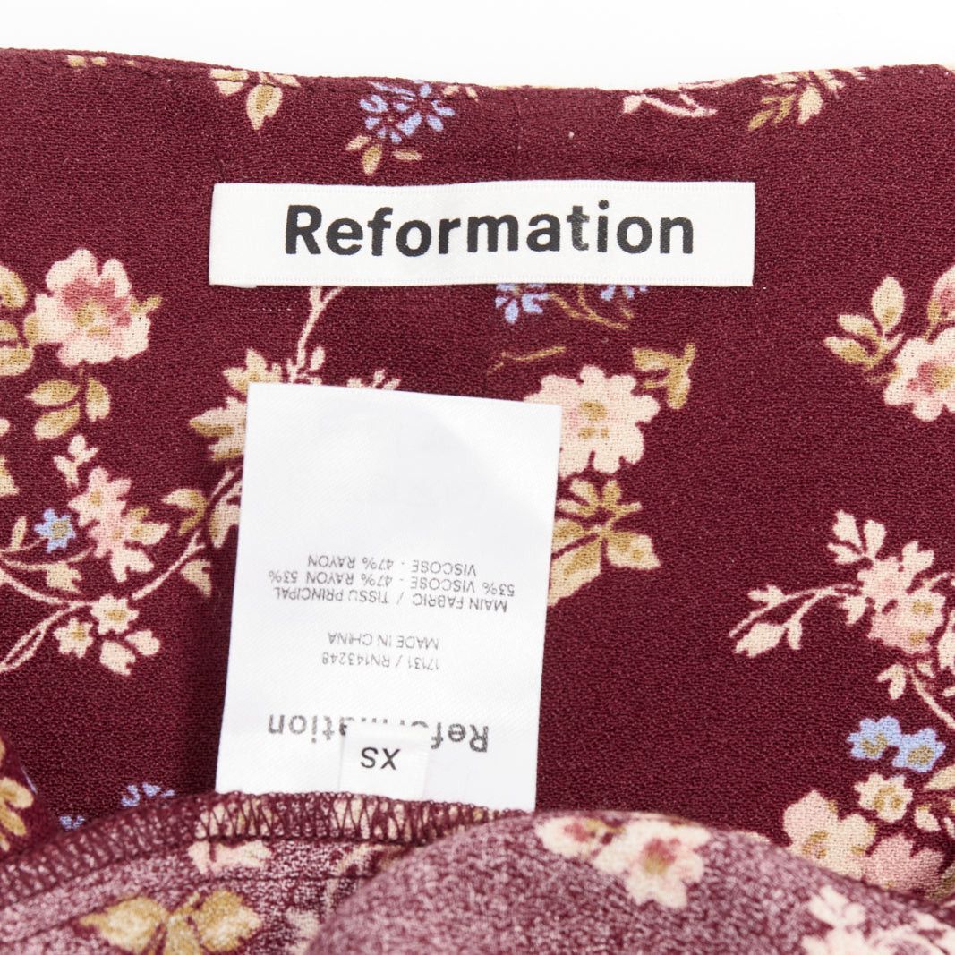 Reformation REFORMATION Marlowe burgundy viscose floral print high slit mini dress US0 XS Size S / US 4 / IT 40 - 8 Thumbnail