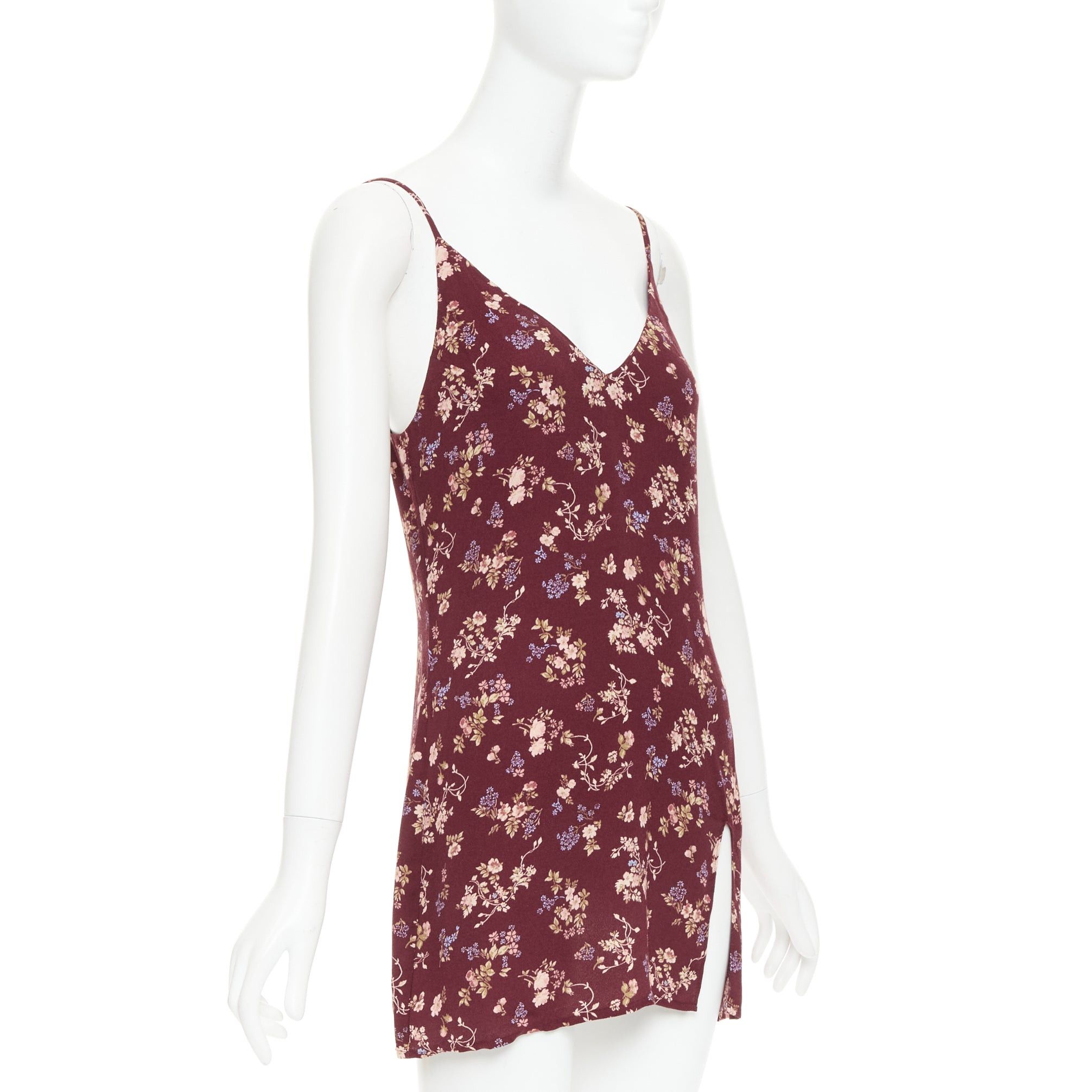 Reformation REFORMATION Marlowe burgundy viscose floral print high slit mini dress US0 XS Size S / US 4 / IT 40 - 3 Thumbnail