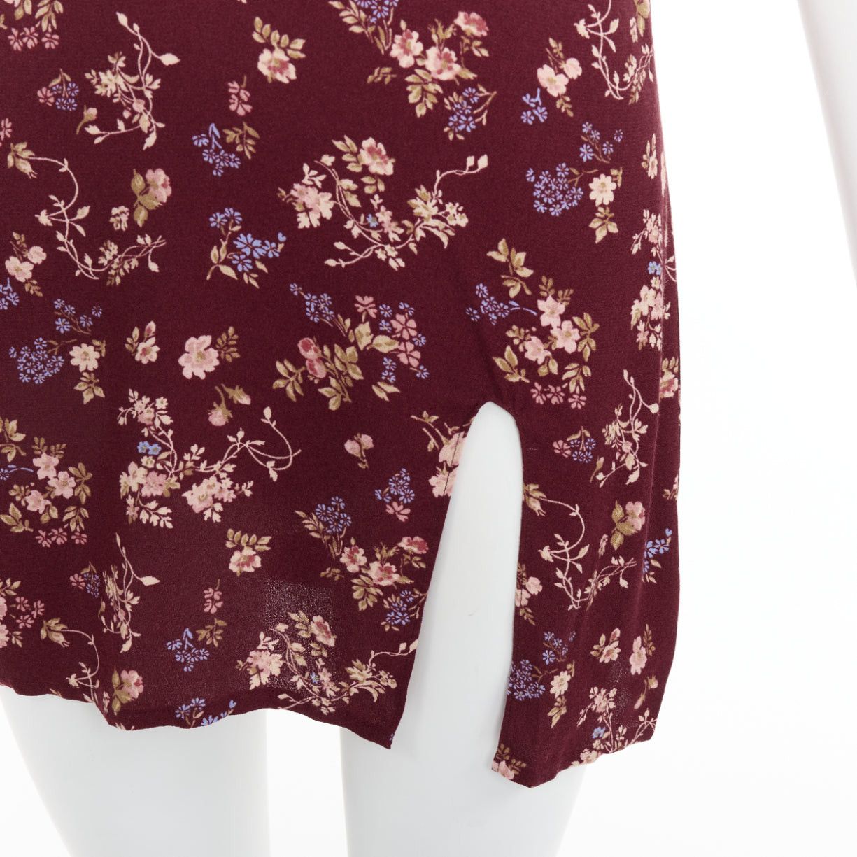 Reformation REFORMATION Marlowe burgundy viscose floral print high slit mini dress US0 XS Size S / US 4 / IT 40 - 7 Thumbnail