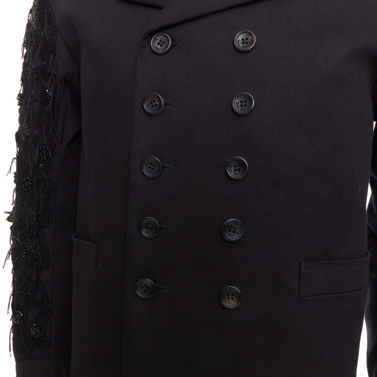John Galliano JOHN GALLIANO black fringe embellished sleeve cotton double breasted jacket FR46 S Size US S / EU 44-46 / 1 - 8 Thumbnail
