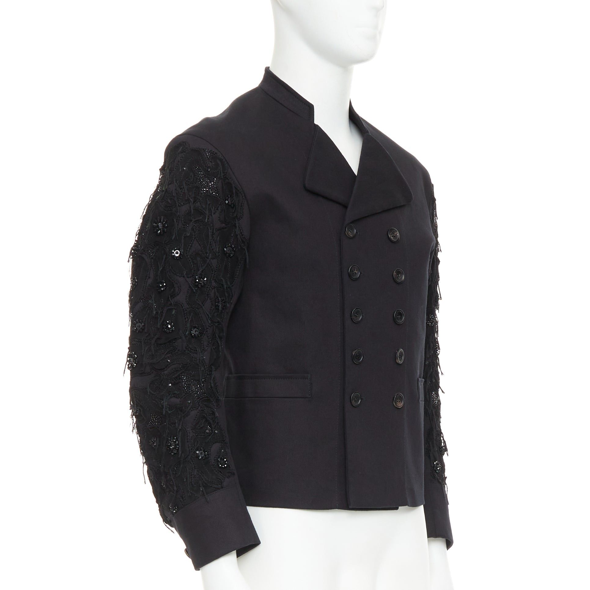 John Galliano JOHN GALLIANO black fringe embellished sleeve cotton double breasted jacket FR46 S Size US S / EU 44-46 / 1 - 3 Thumbnail