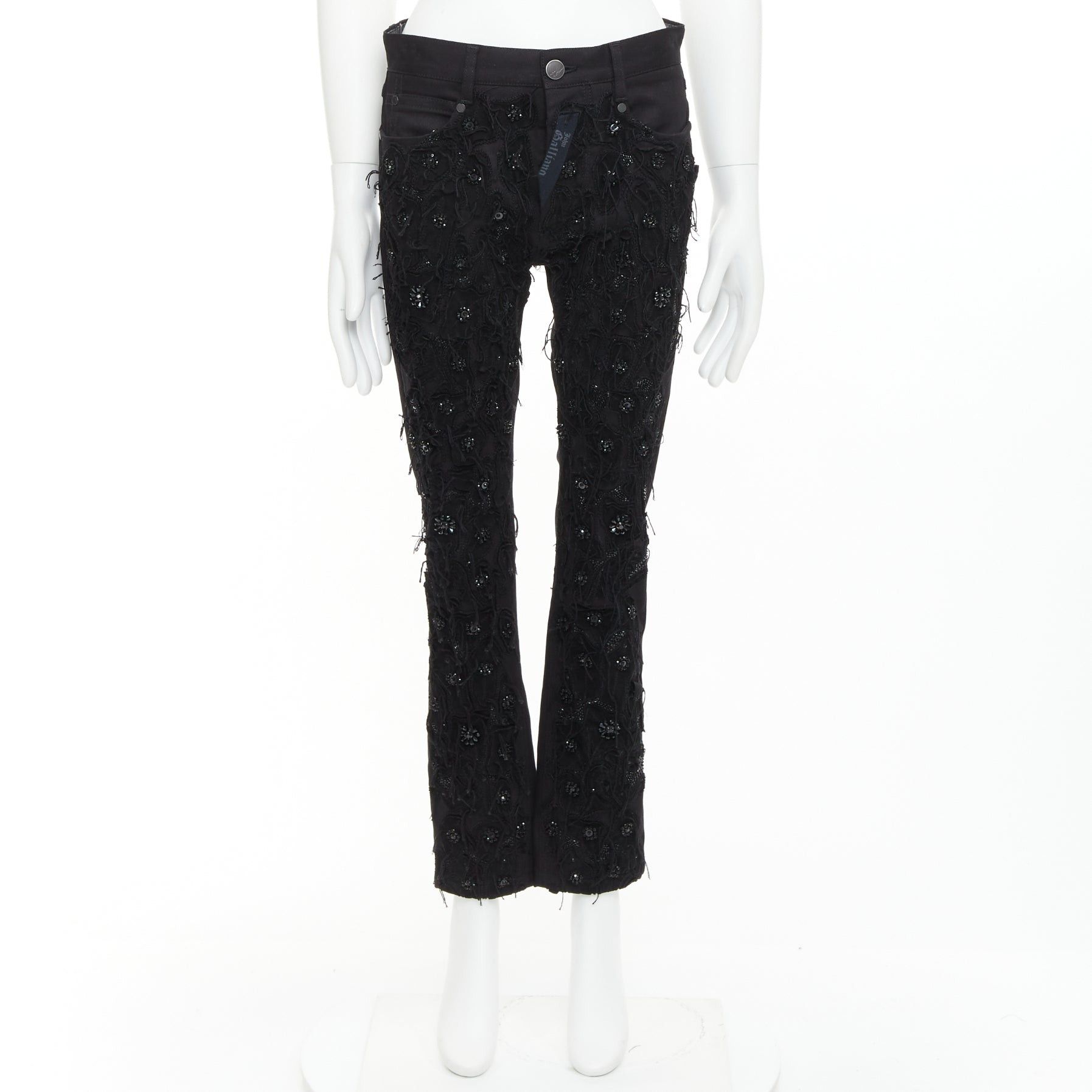 John Galliano JOHN GALLIANO black cotton floral fringe embellished bootcut jeans FR46 S Size US 28 / EU 44 - 2 Thumbnail