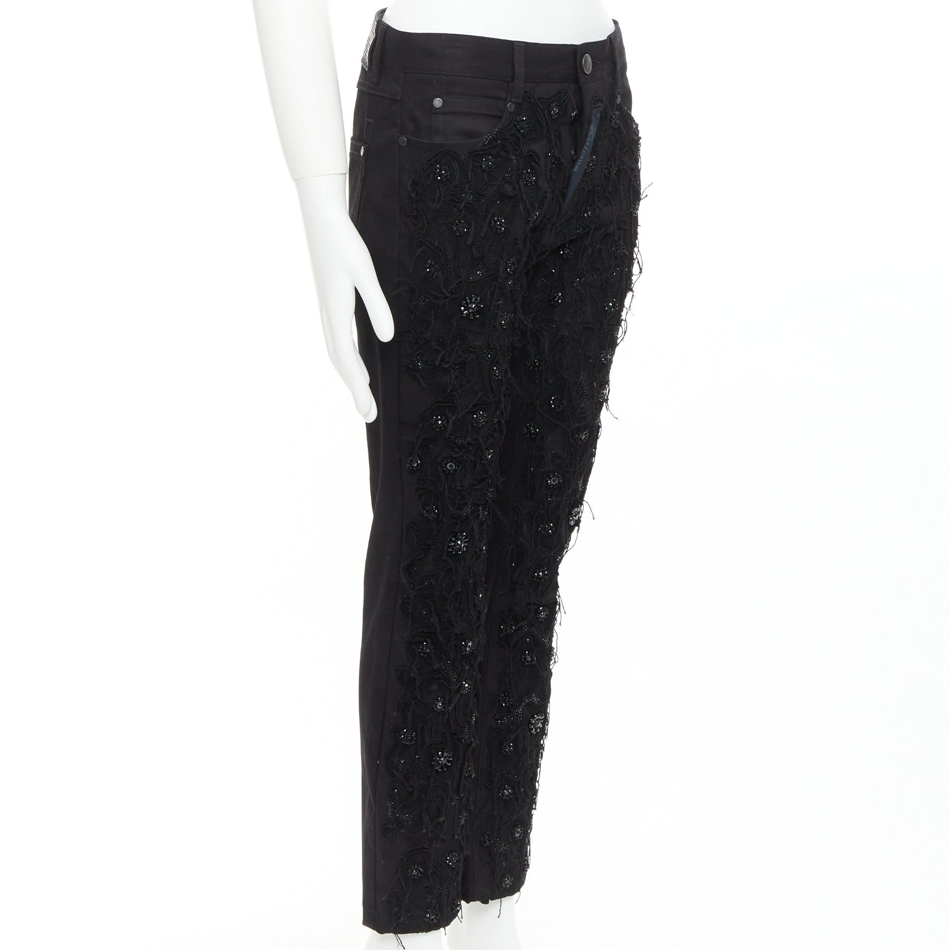 John Galliano JOHN GALLIANO black cotton floral fringe embellished bootcut jeans FR46 S Size US 28 / EU 44 - 3 Thumbnail