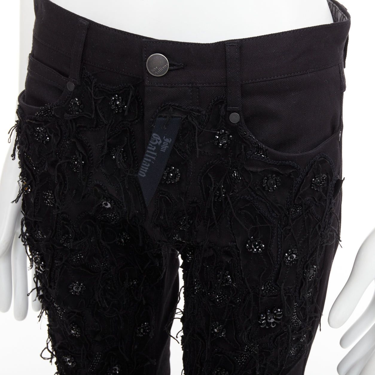 John Galliano JOHN GALLIANO black cotton floral fringe embellished bootcut jeans FR46 S Size US 28 / EU 44 - 8 Thumbnail