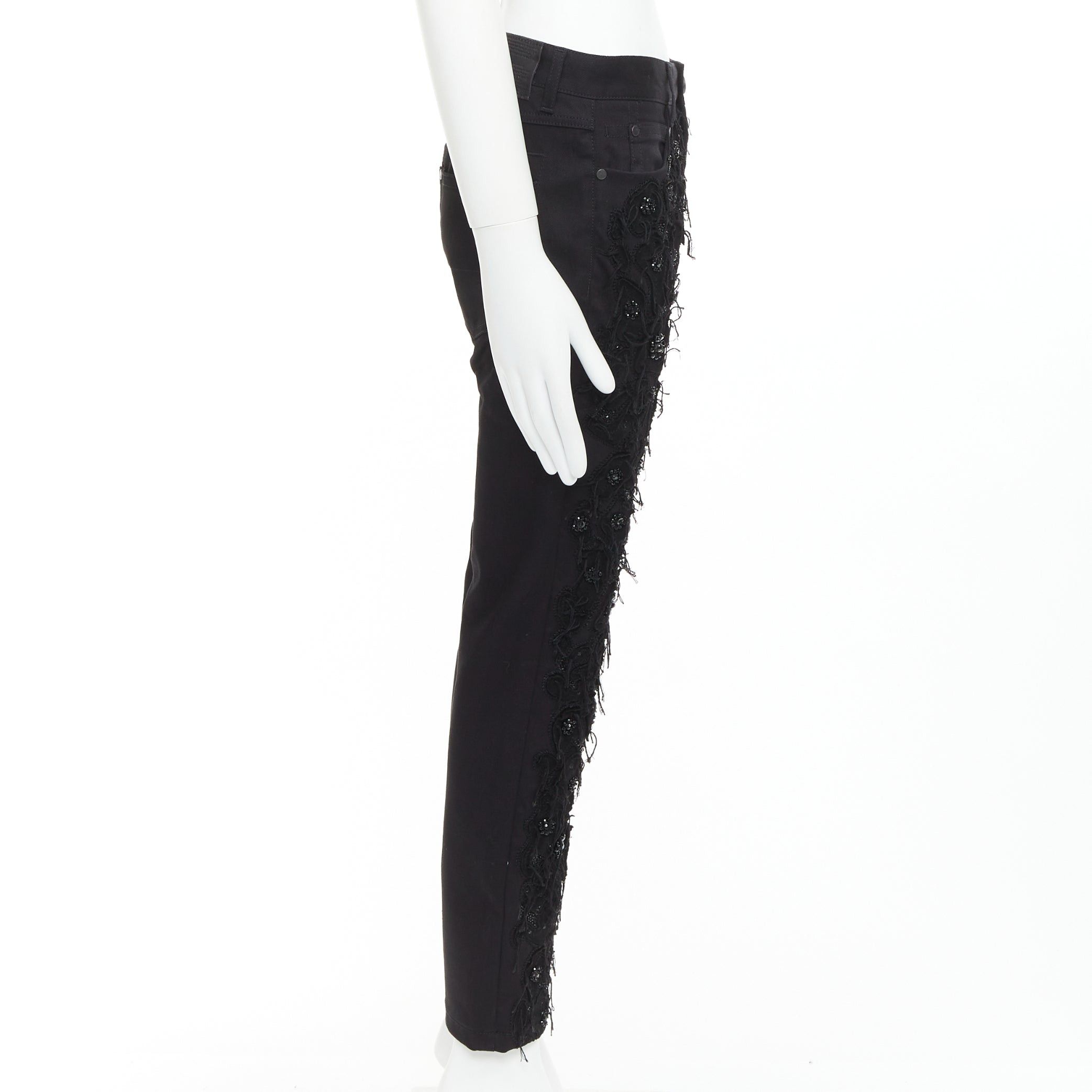 John Galliano JOHN GALLIANO black cotton floral fringe embellished bootcut jeans FR46 S Size US 28 / EU 44 - 4 Thumbnail