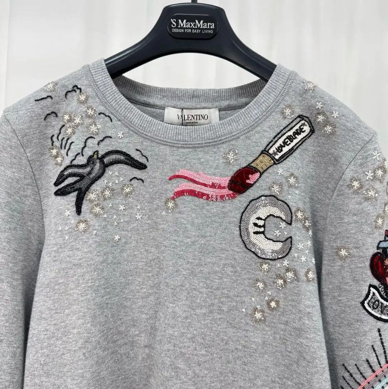 Valentino Valentino Gray Cotton Embroidered Long Sleeve Sweatshirt 0089 Size S / US 4 / IT 40 - 3 Thumbnail