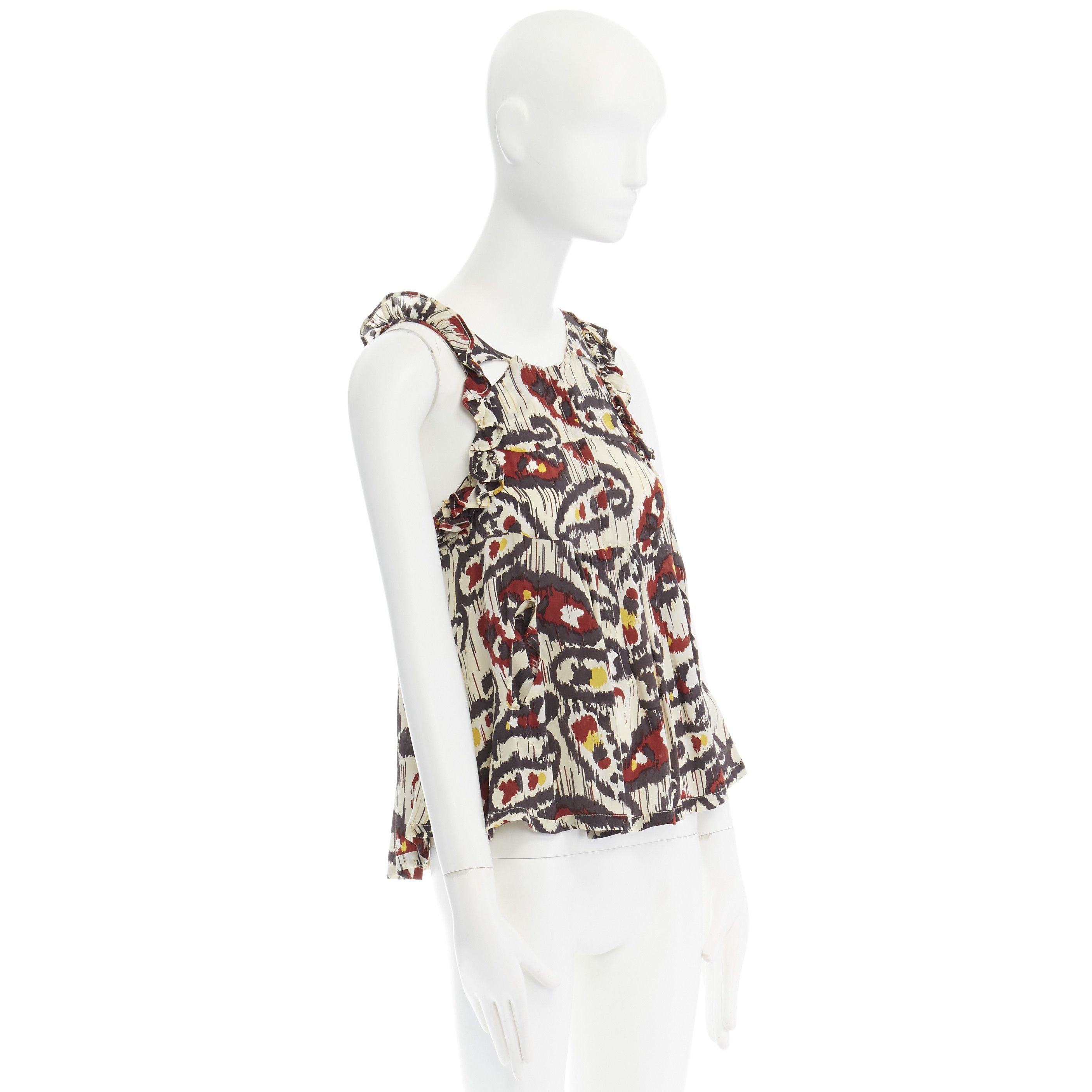 Isabel Marant ISABEL MARANT Ikat cream ethnic print silk ruffle cut-out top FR34 XS US2 UK6 Size XS / US 0-2 / IT 36-38 - 2 Thumbnail