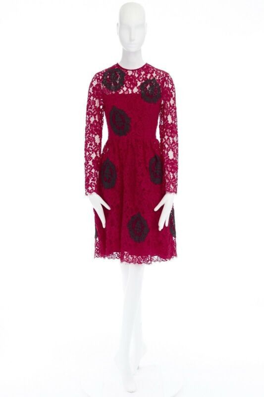 HUISHAN ZHANG HUISHAN ZHANG red floral embroidered lace black spot flared cocktail dress US4 S Size S / US 4 / IT 40 - 2 Thumbnail